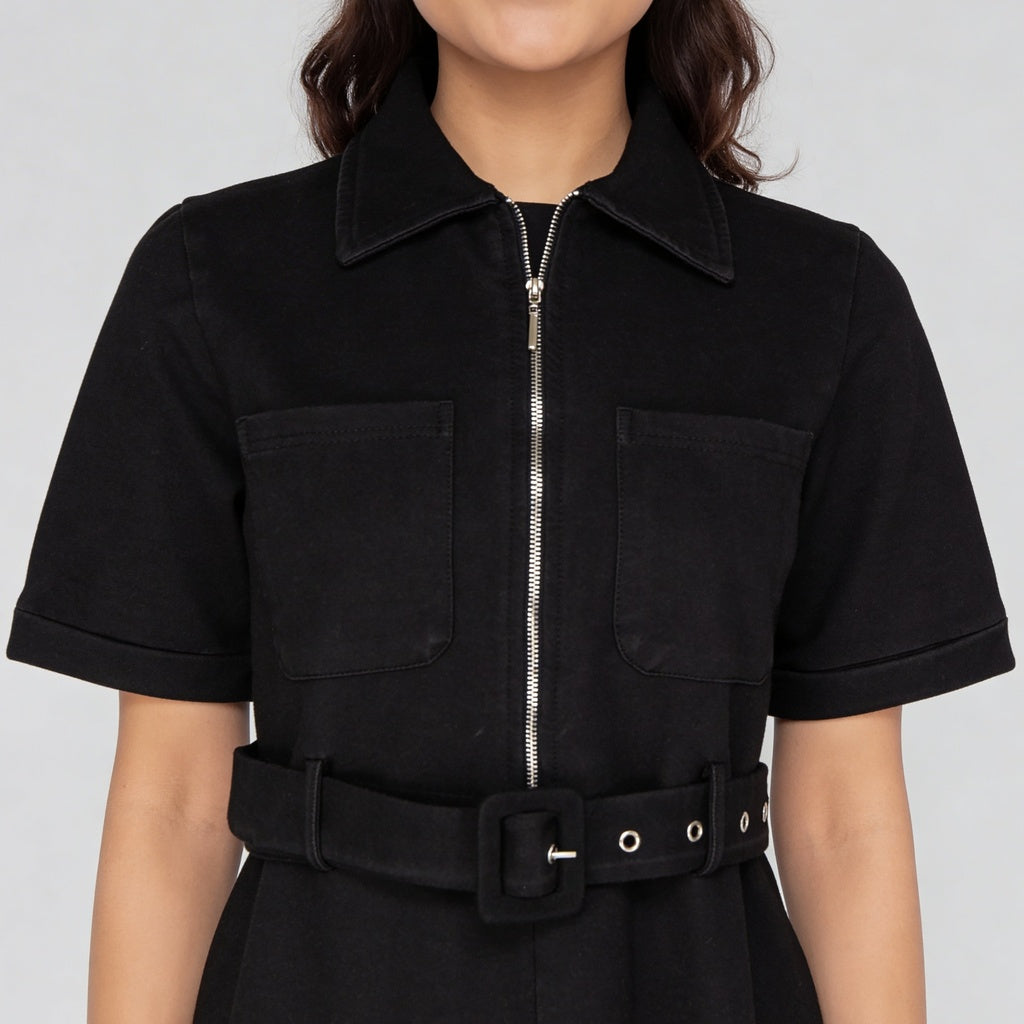 Solid Knee Length Knitted Indigo Pull On Zipper Dress With Belt Look