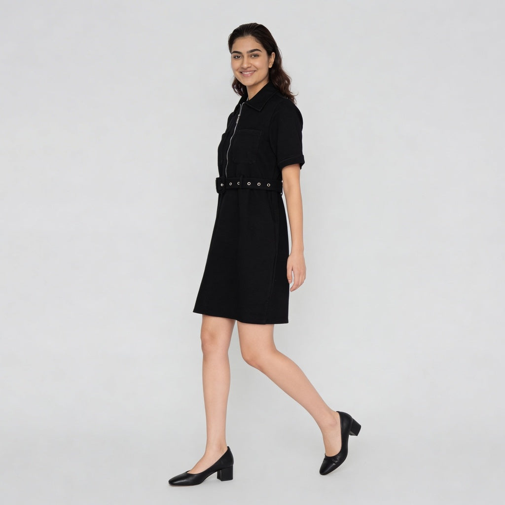 Solid Knee Length Knitted Indigo Pull On Zipper Dress With Belt Look