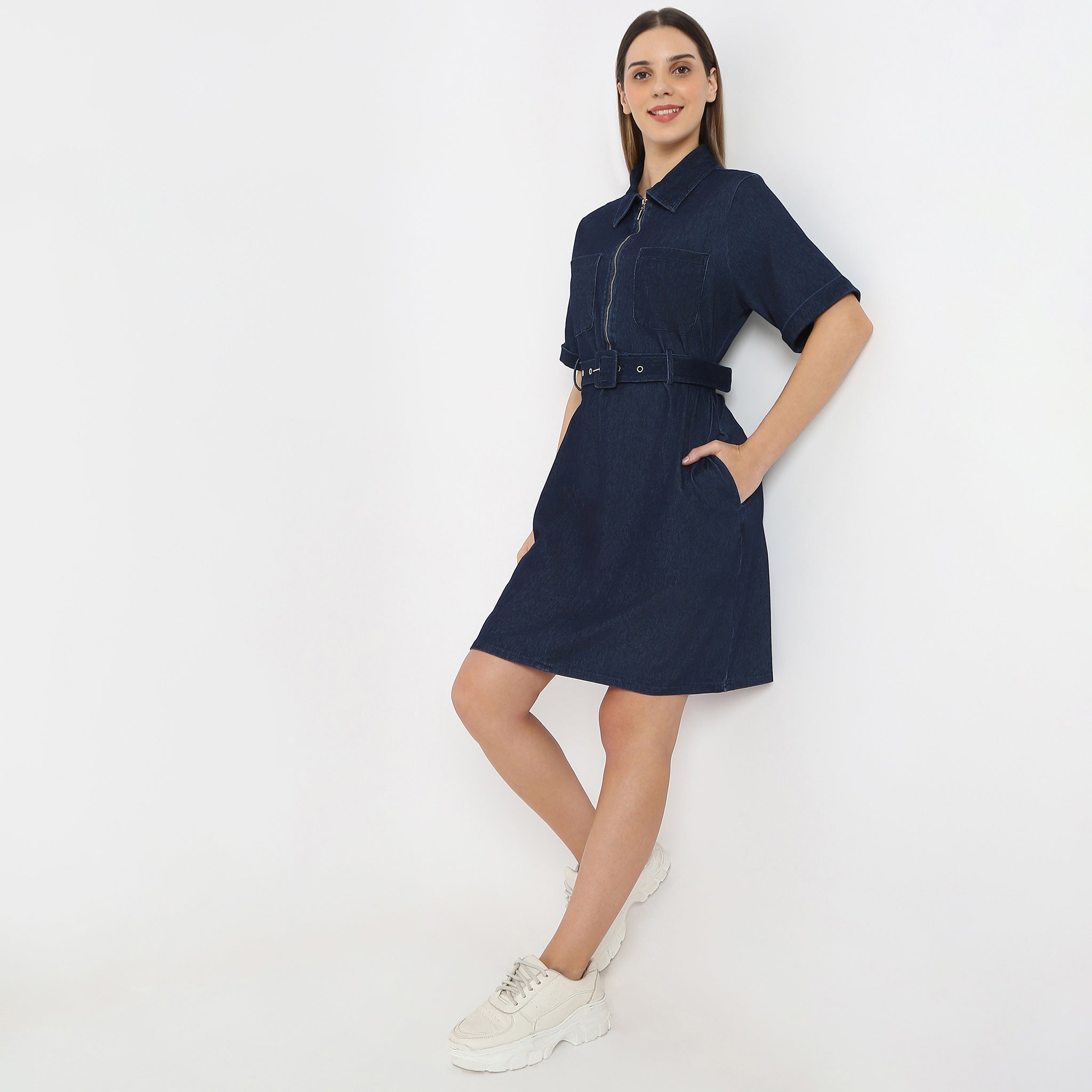 Solid Knee Length Knitted Indigo Pull On Zipper Dress With Belt Look