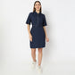 Solid Knee Length Knitted Indigo Pull On Zipper Dress With Belt Look