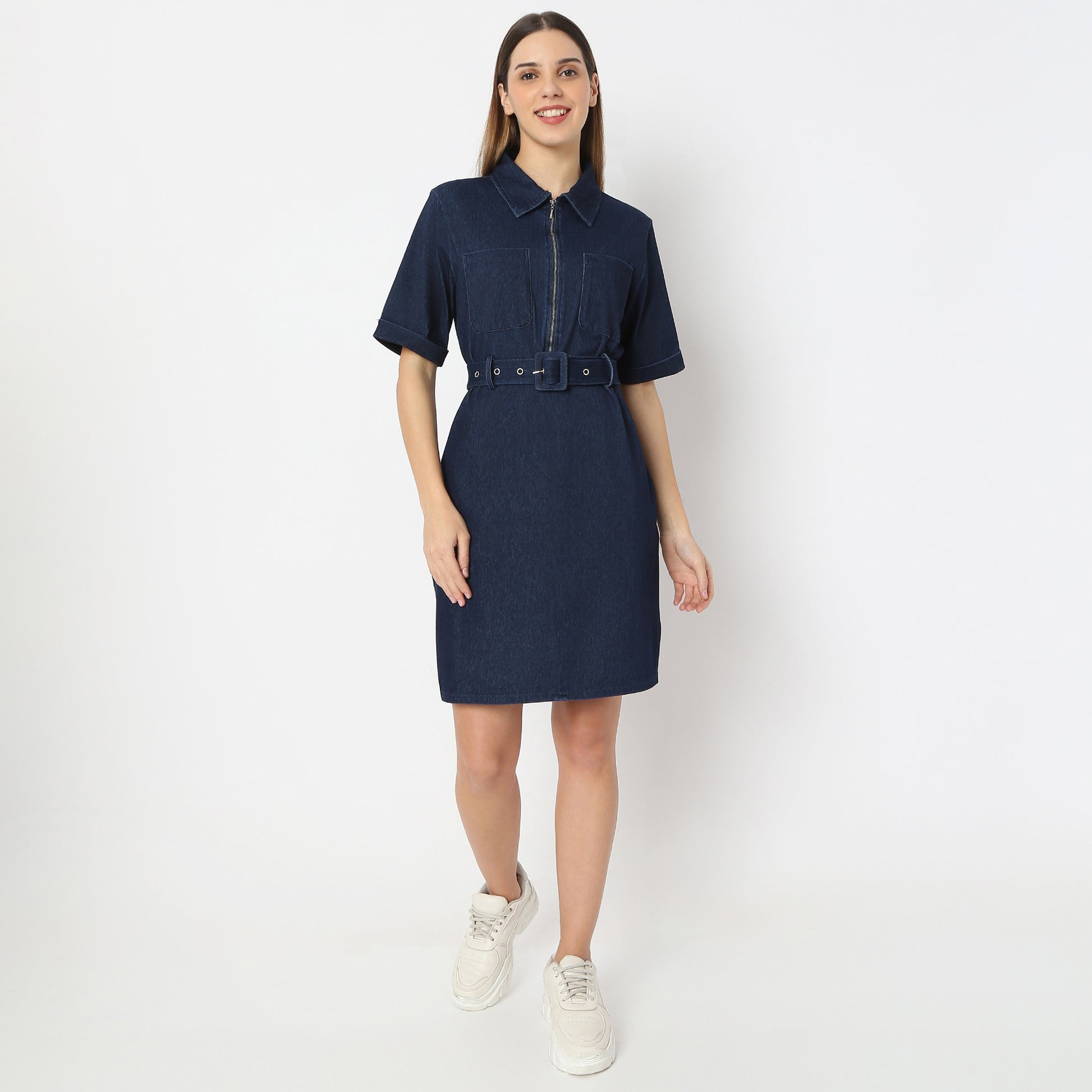 Solid Knee Length Knitted Indigo Pull On Zipper Dress With Belt Look