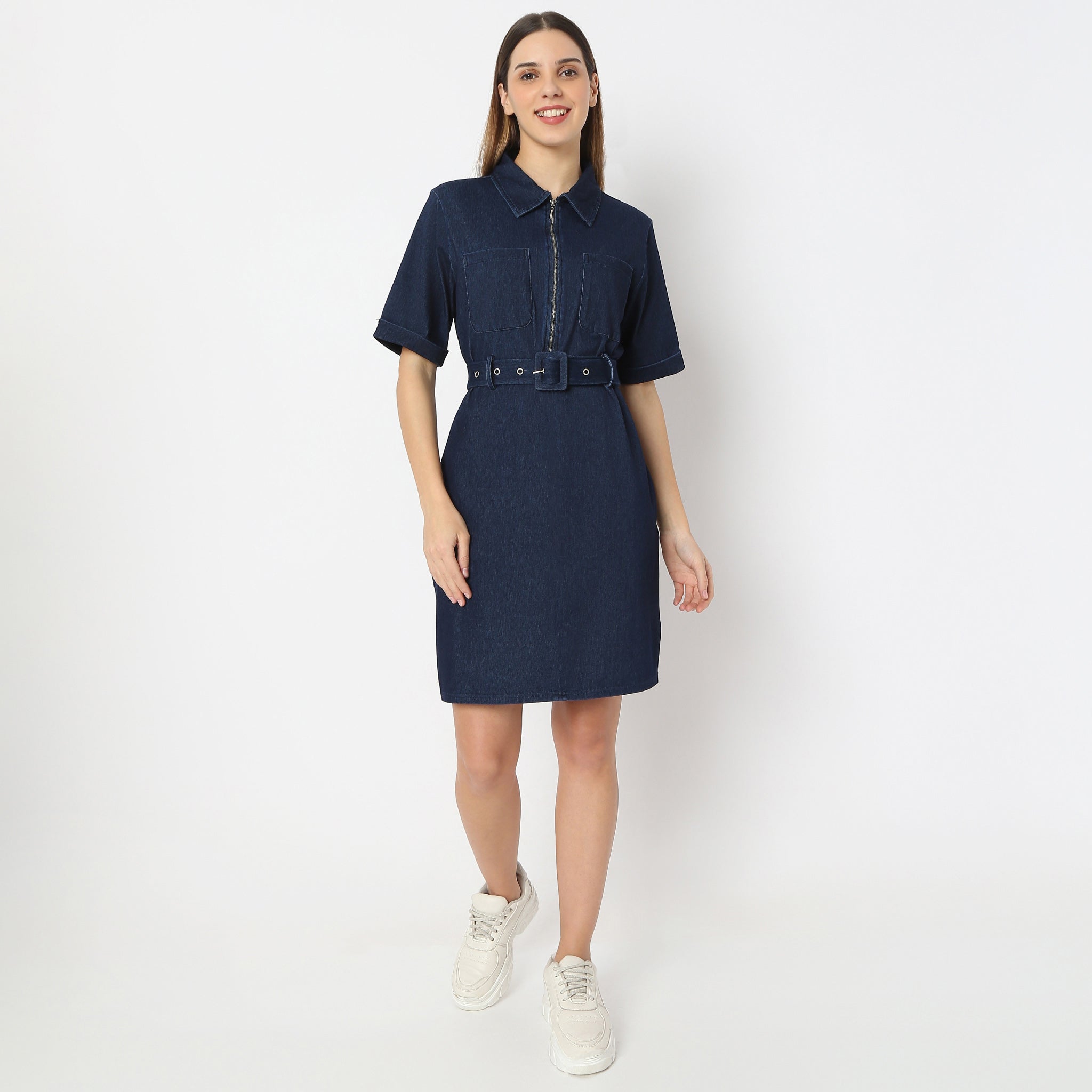 Solid Knee Length Knitted Indigo Pull On Zipper Dress With Belt Look