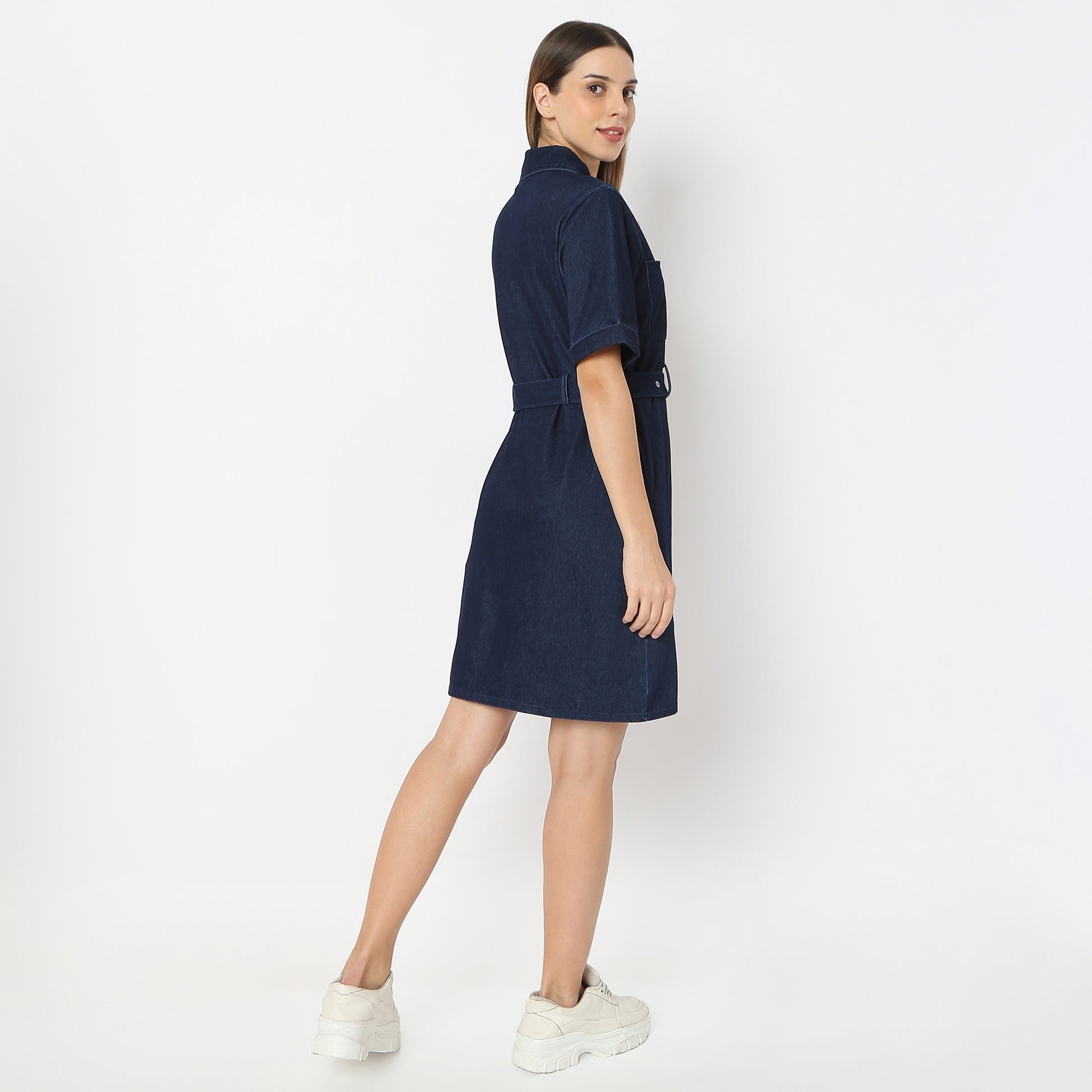 Solid Knee Length Knitted Indigo Pull On Zipper Dress With Belt Look