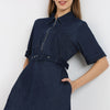 Solid Knee Length Knitted Indigo Pull On Zipper Dress With Belt Look
