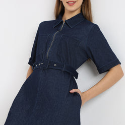 Solid Knee Length Knitted Indigo Pull On Zipper Dress With Belt Look