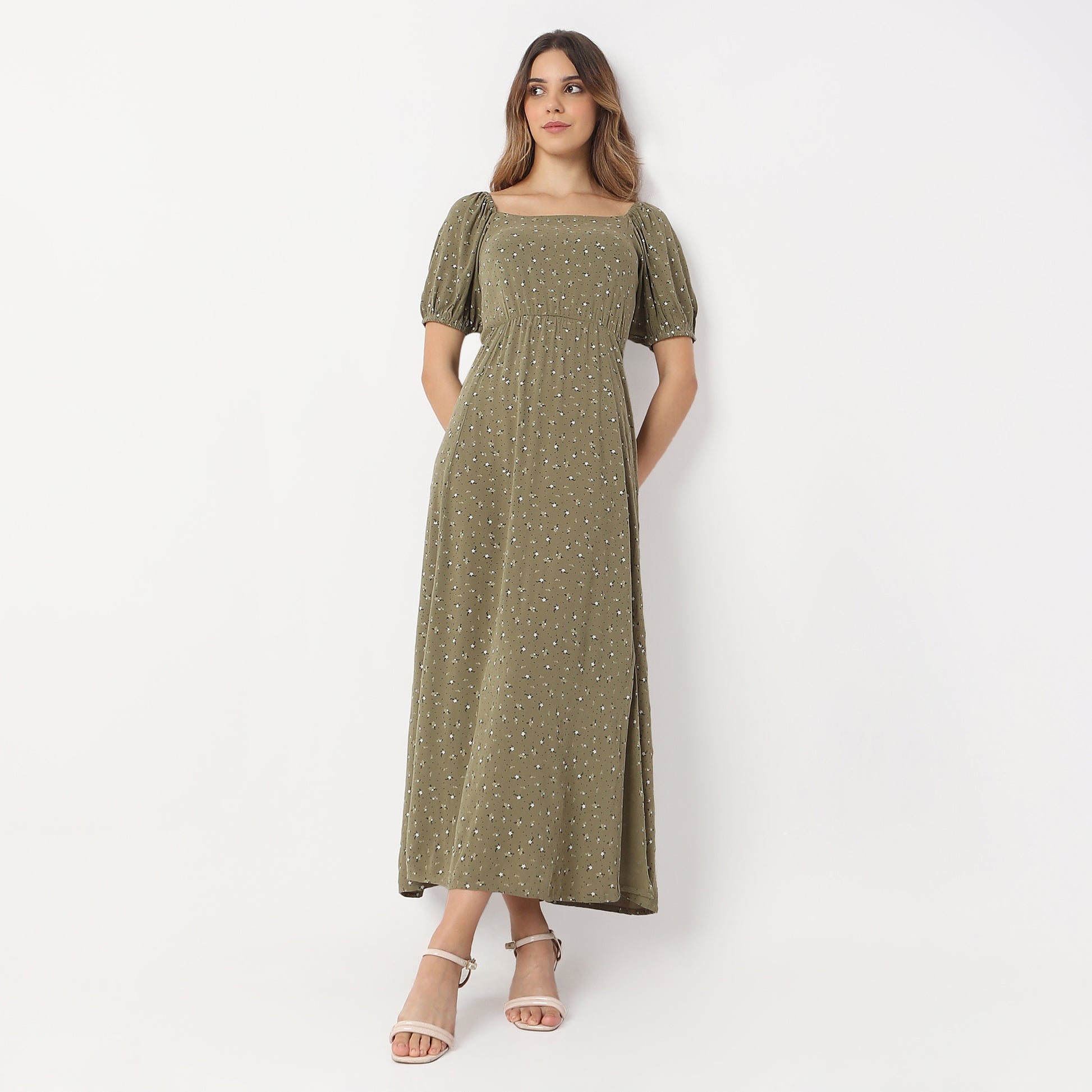 Flare Fit Printed Ankle Length Square Neck Betty Long Dress