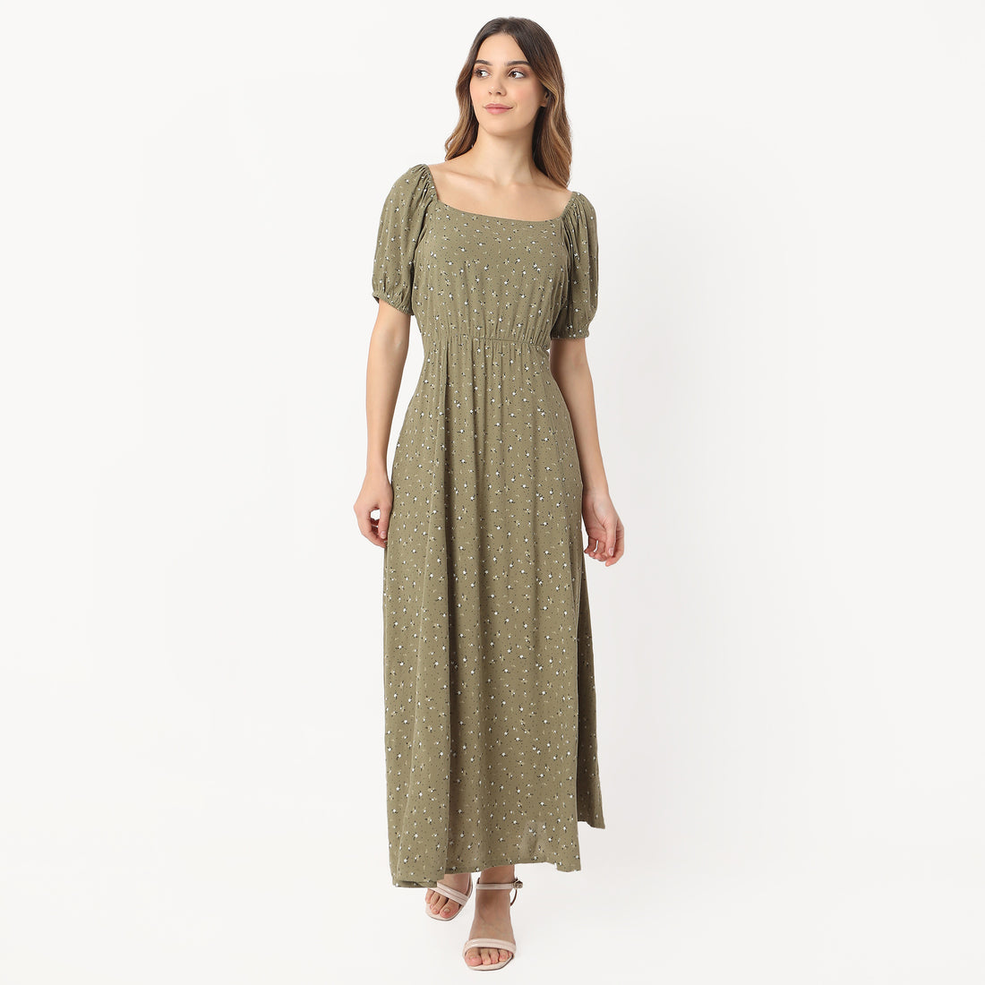 Flare Fit Printed Ankle Length Square Neck Betty Long Dress
