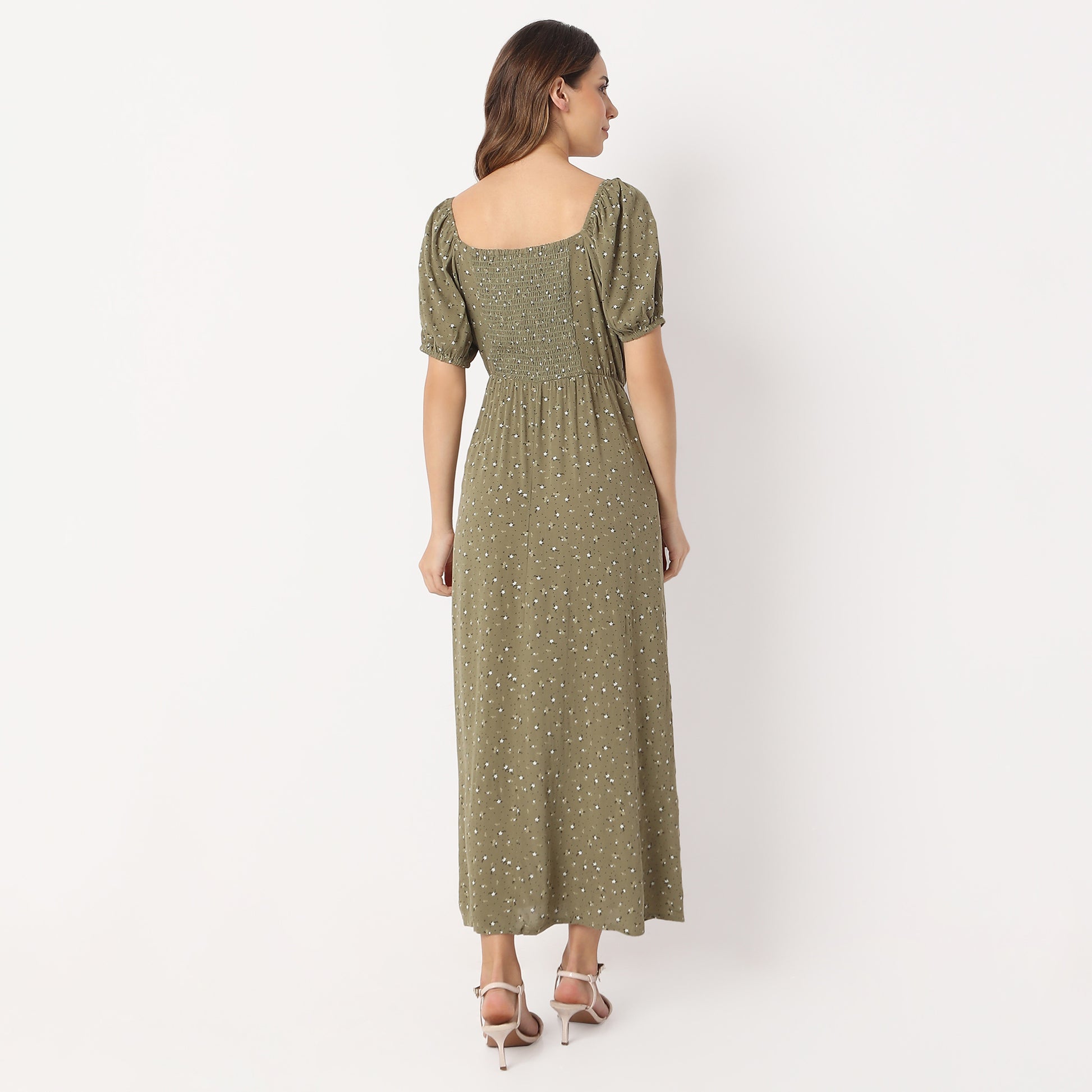 Flare Fit Printed Ankle Length Square Neck Betty Long Dress