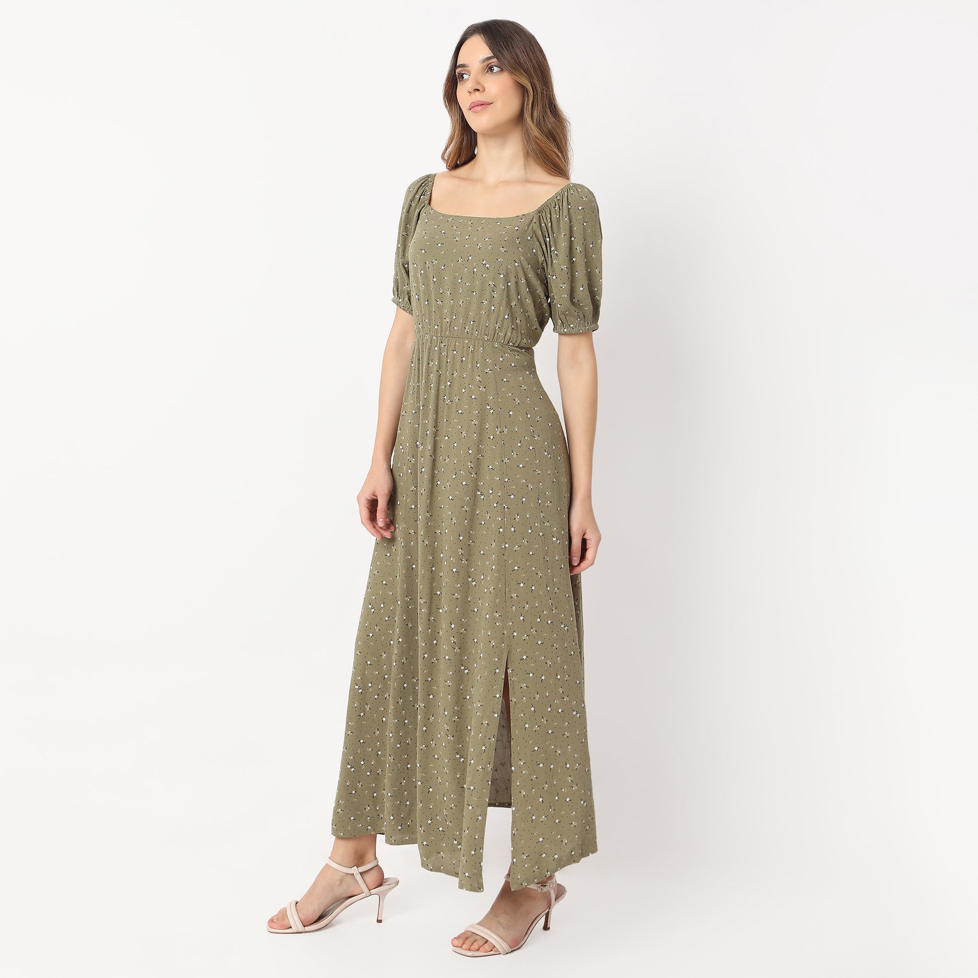 Flare Fit Printed Ankle Length Square Neck Betty Long Dress