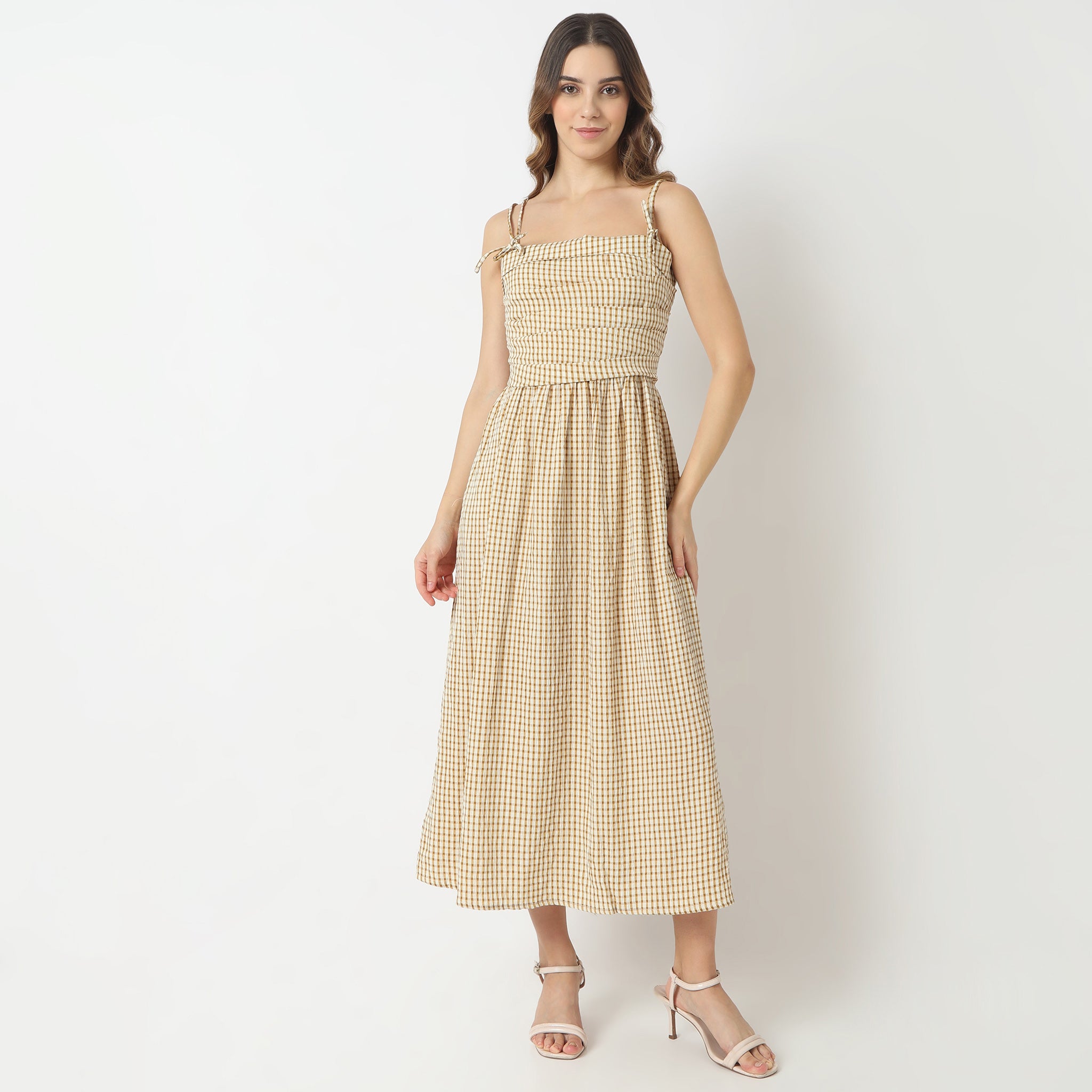 Flare Fit Checkered Square Neck Dress