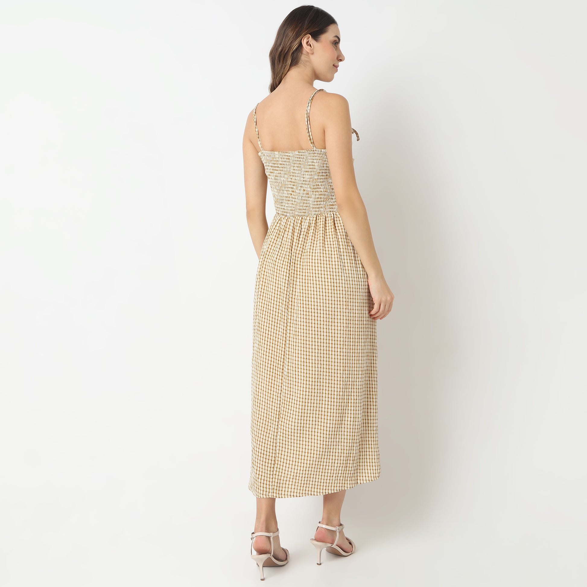 Flare Fit Checkered Square Neck Dress