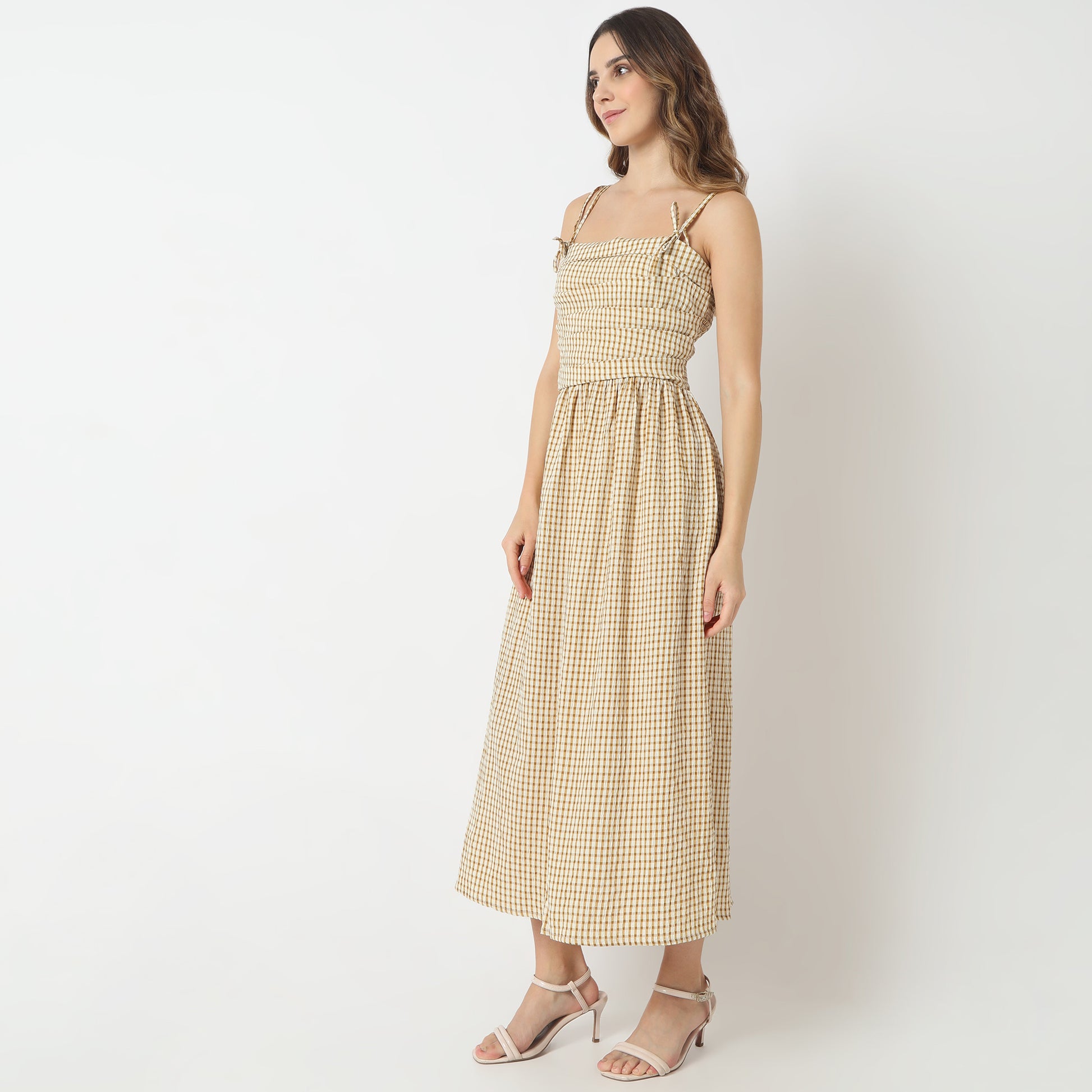 Flare Fit Checkered Square Neck Dress