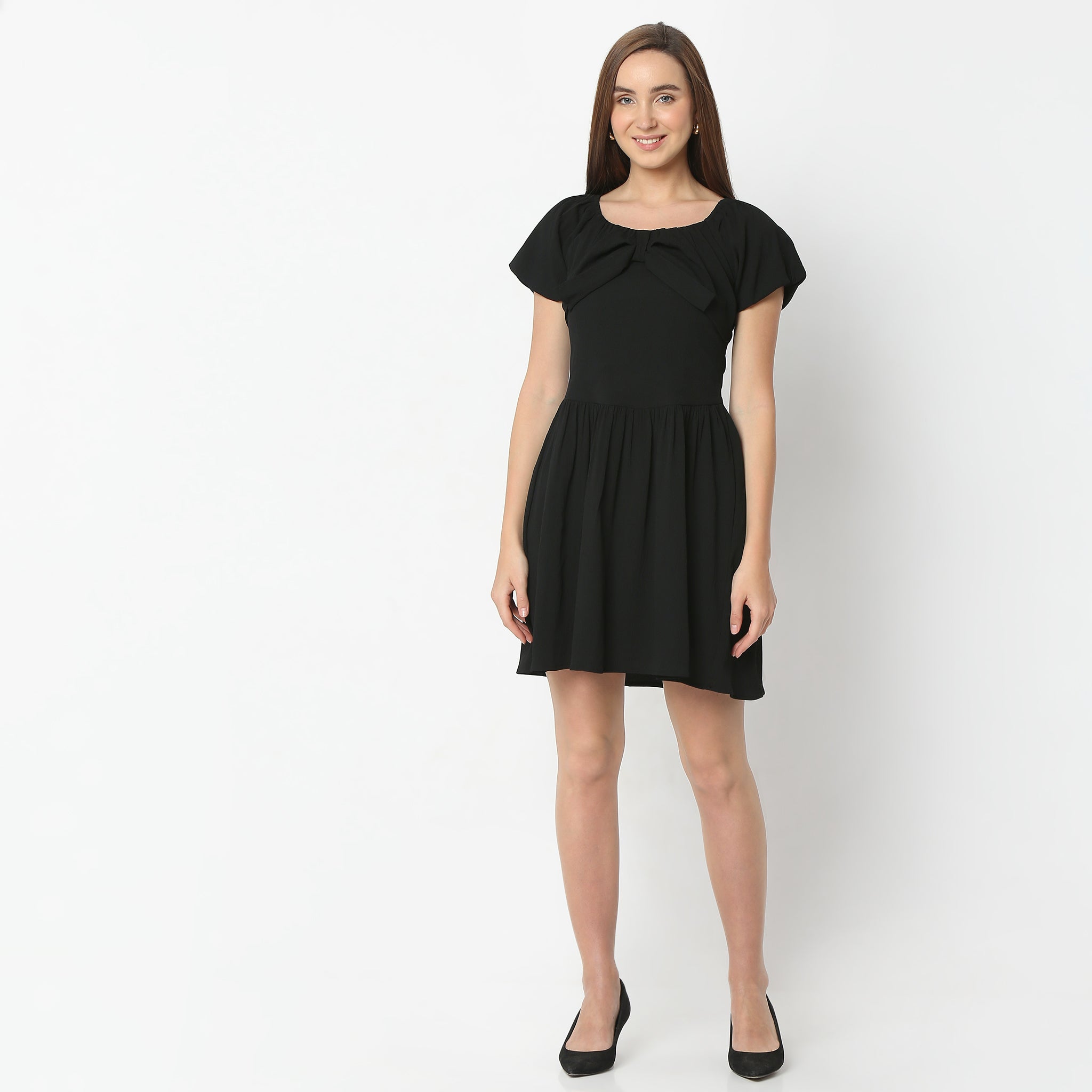 Flare Fit Solid Scoop Neck Above Knee Dress