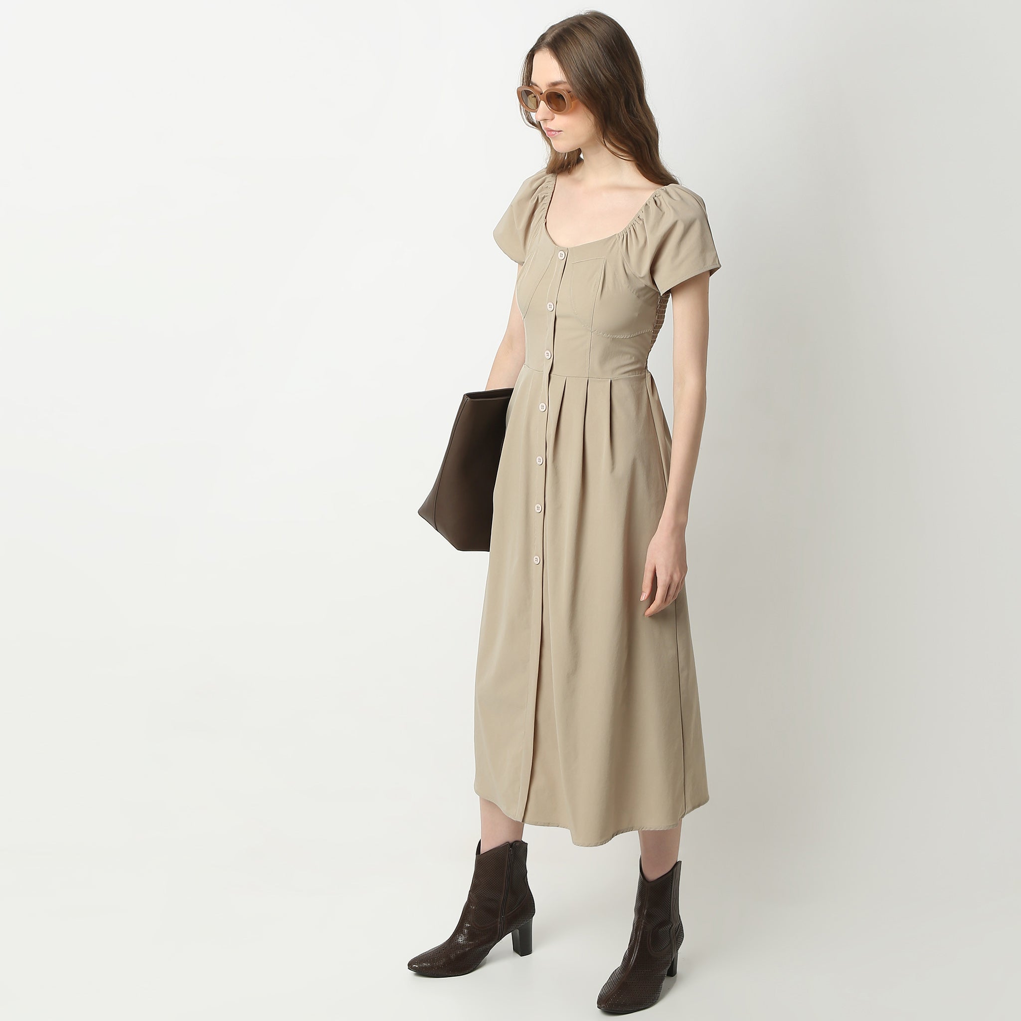 Flare Fit Solid Square Neck Dress