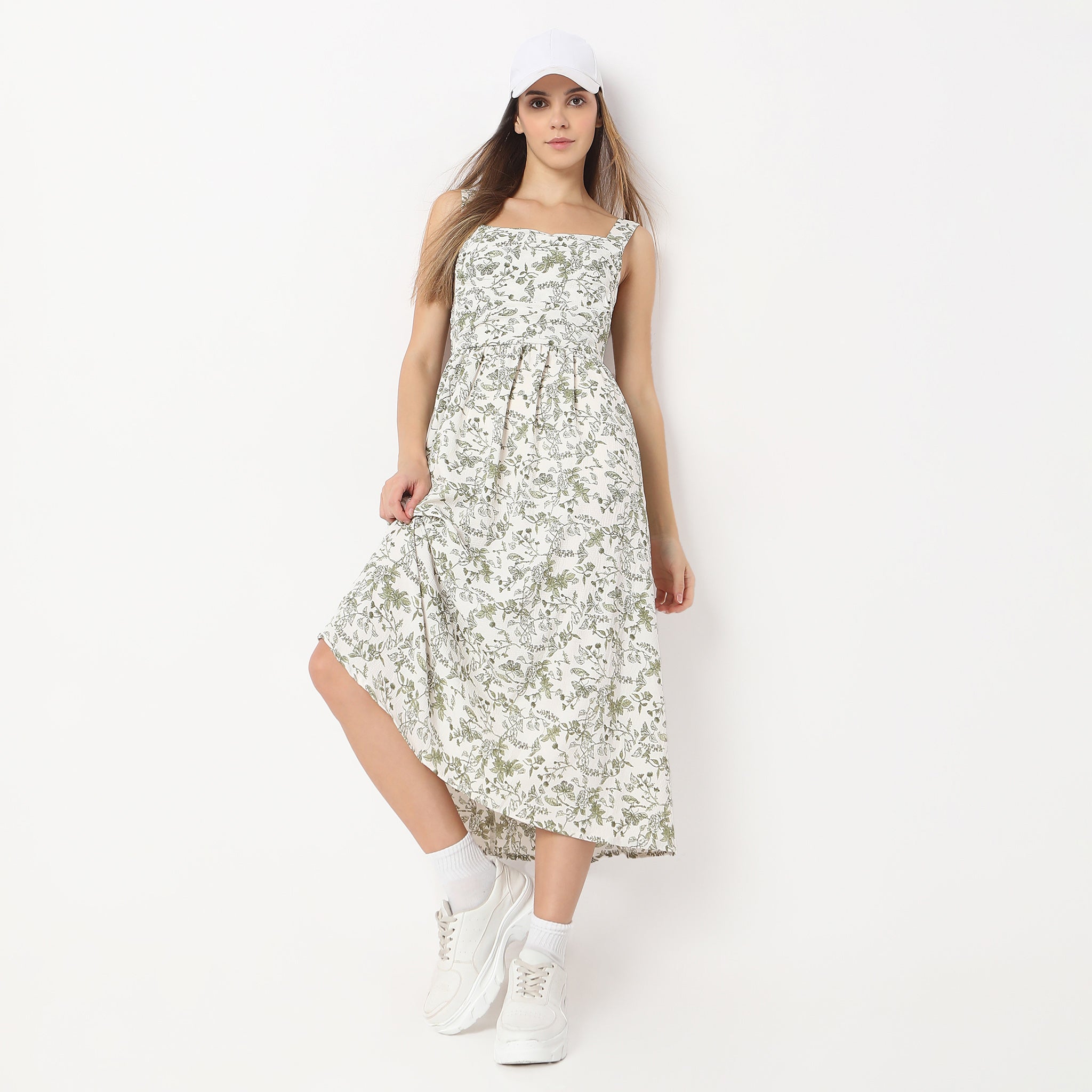 Flare Fit Printed Calf Length Square Neck Betty Sleeveless Dress