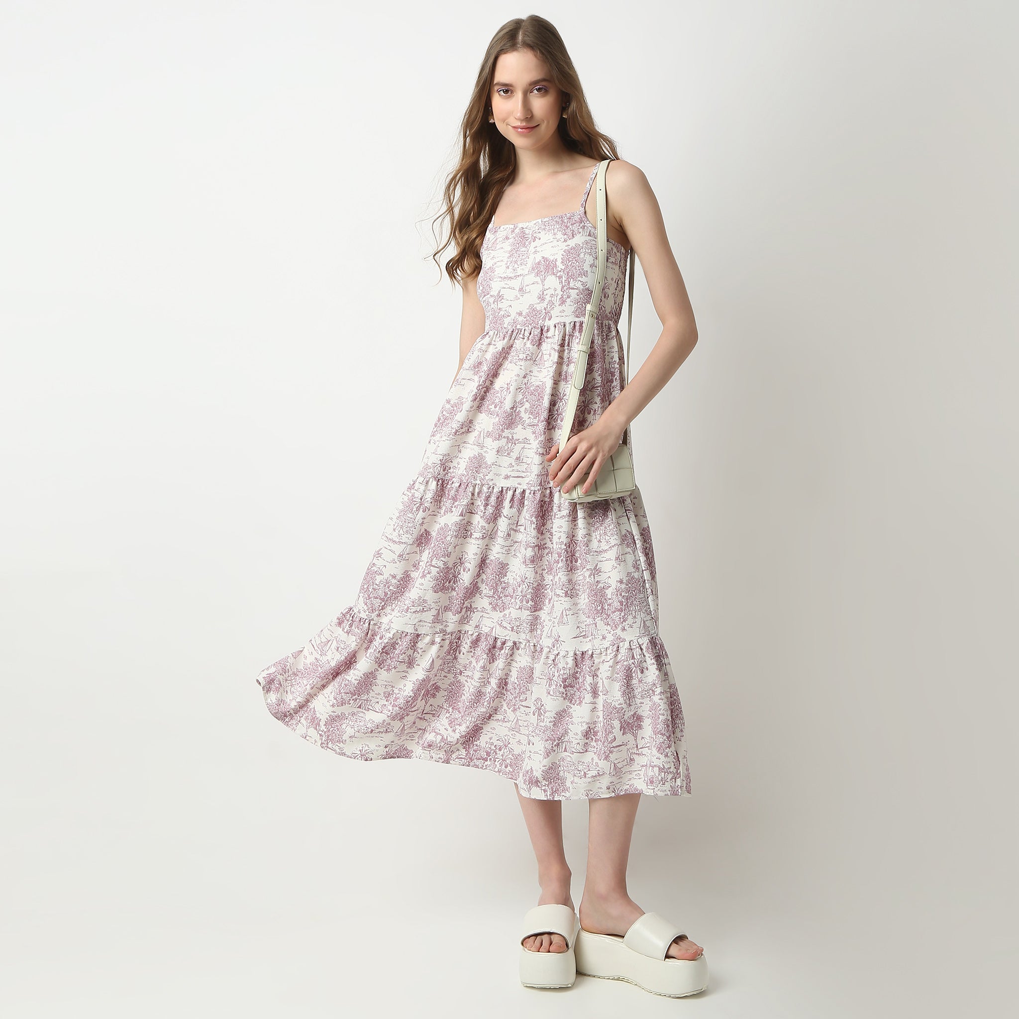 Flare Fit Printed Square Neck Dress