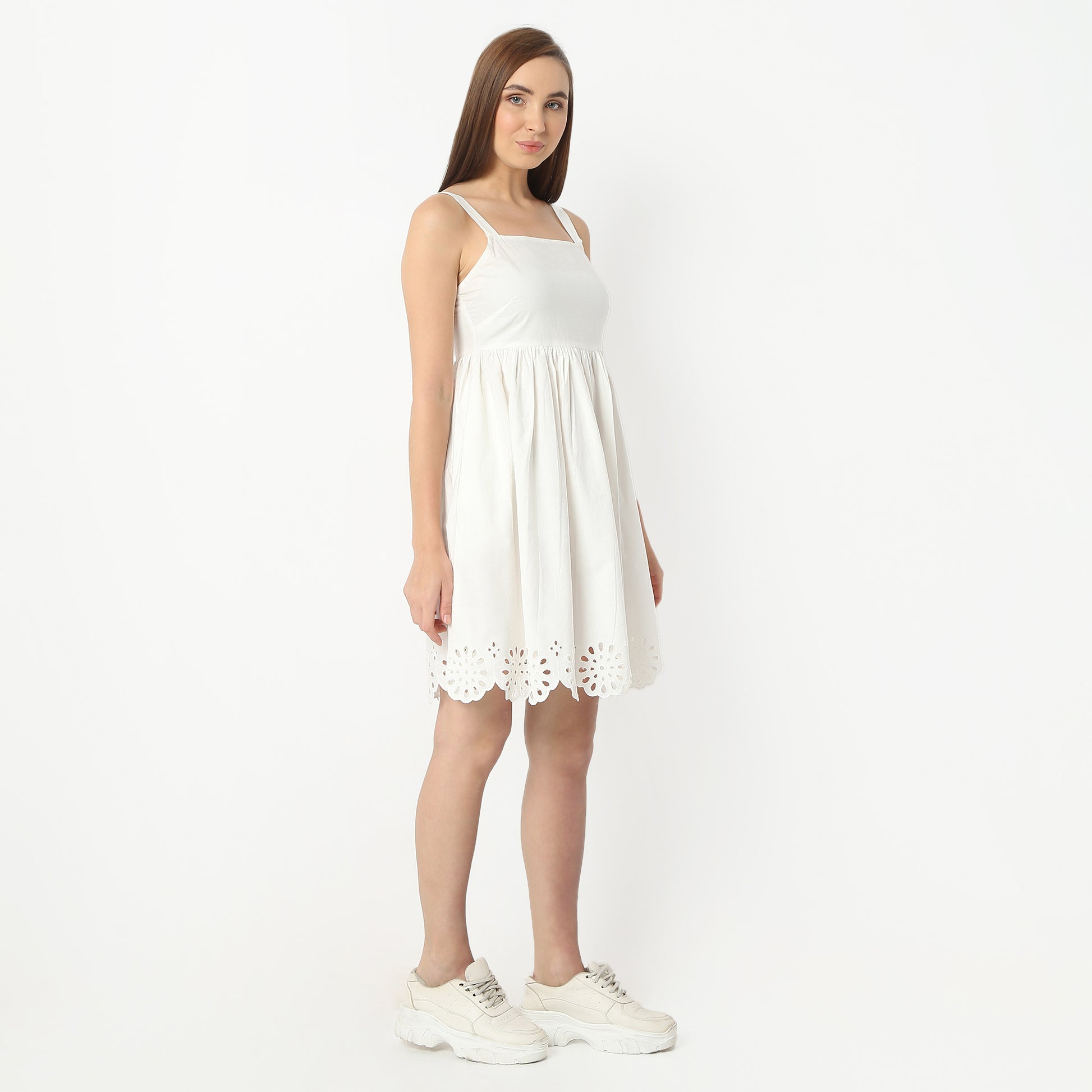 Flare Fit Solid Square Neck Knee Length Dress