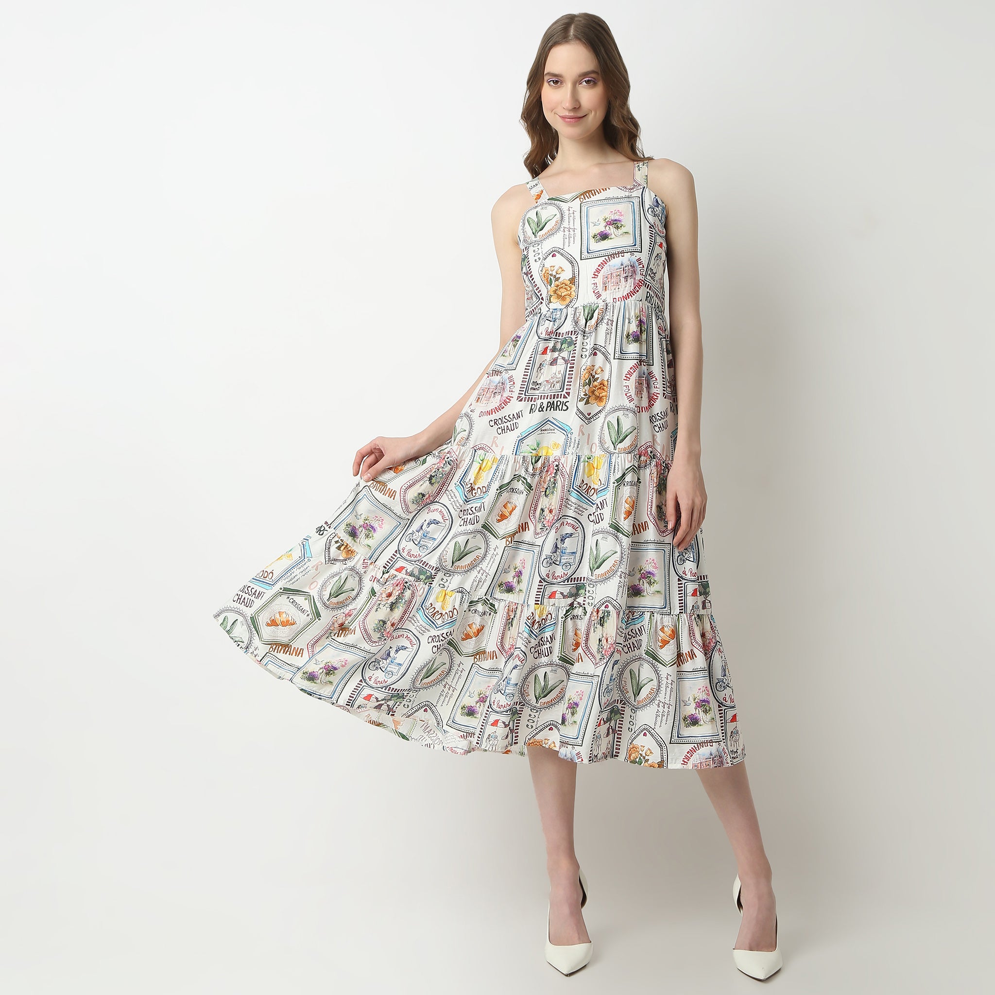 Flare Fit Abstract Square Neck Dress