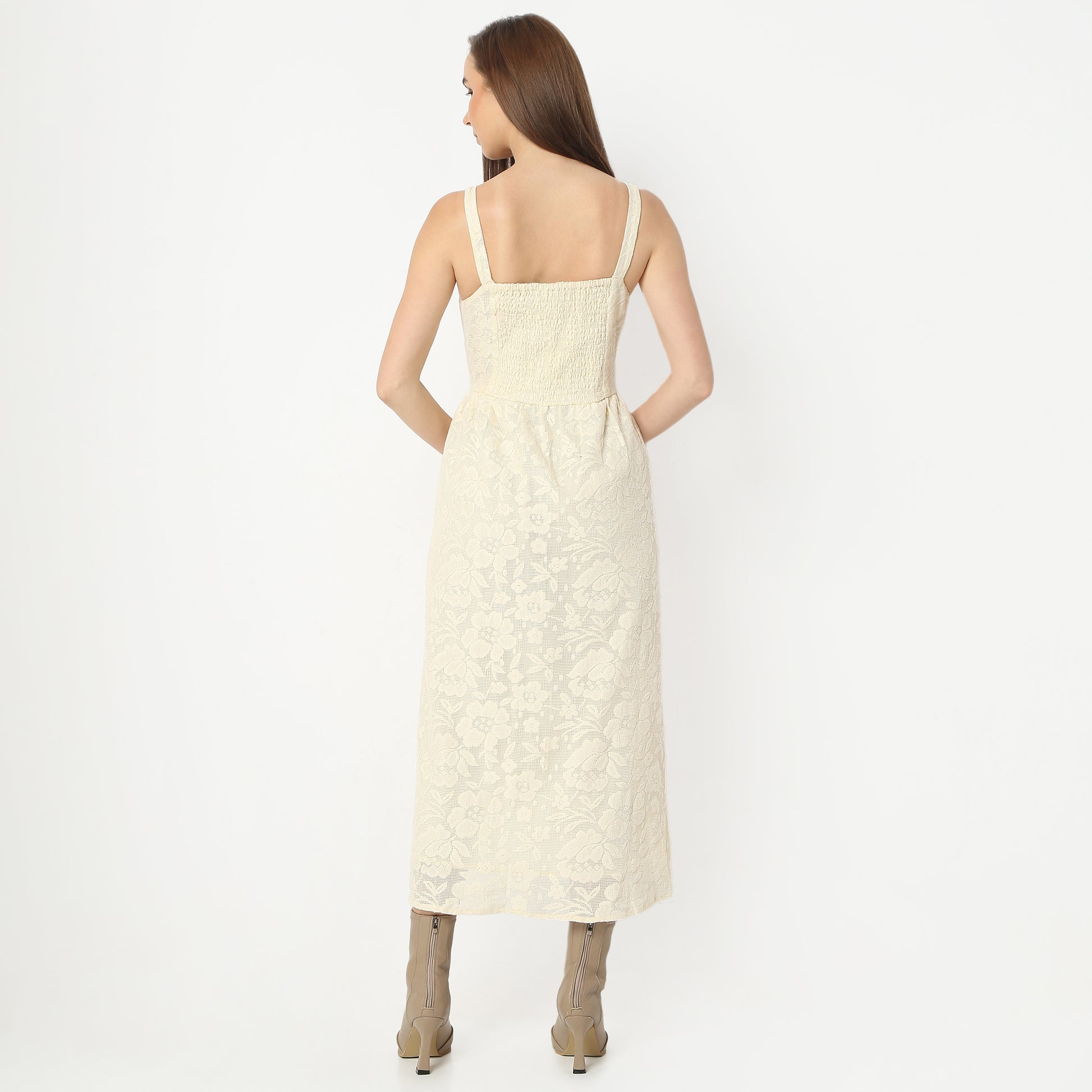 Flare Fit Embellished Square Neck Below Knee Dress