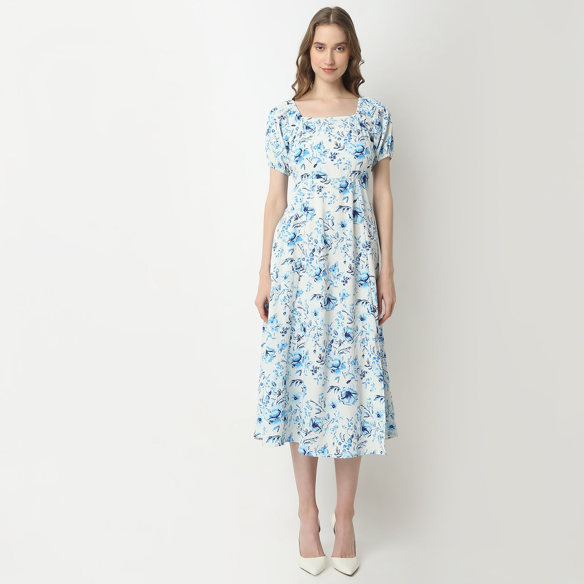 Flare Fit Printed Square Neck Dress