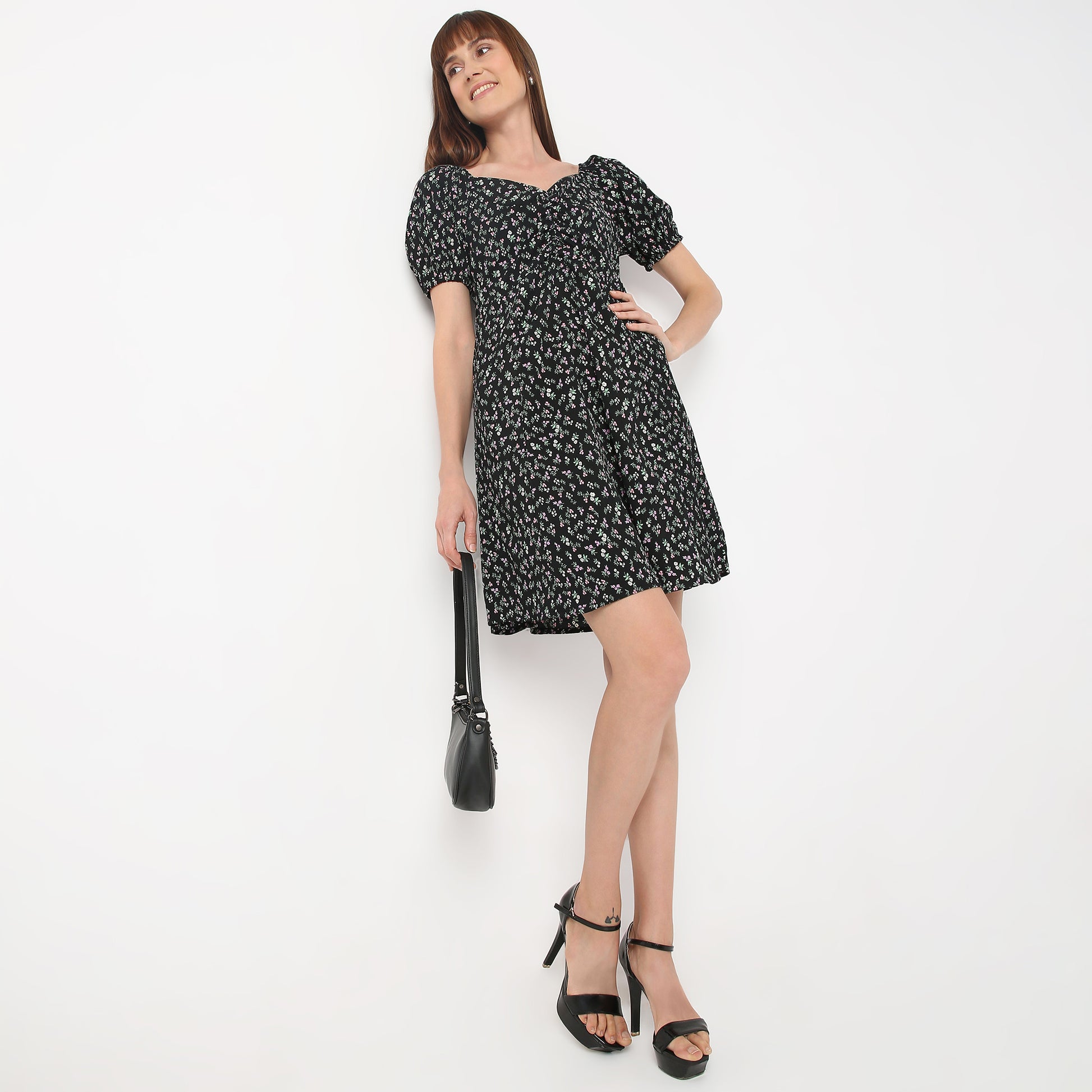 Regular Fit Printed Sweetheart Neck Dress