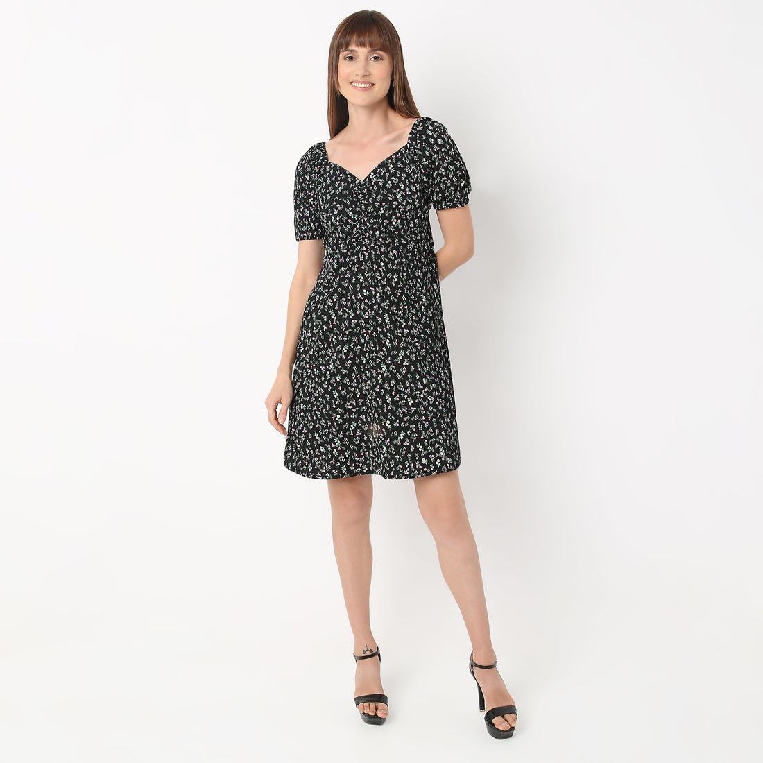 Regular Fit Printed Sweetheart Neck Dress
