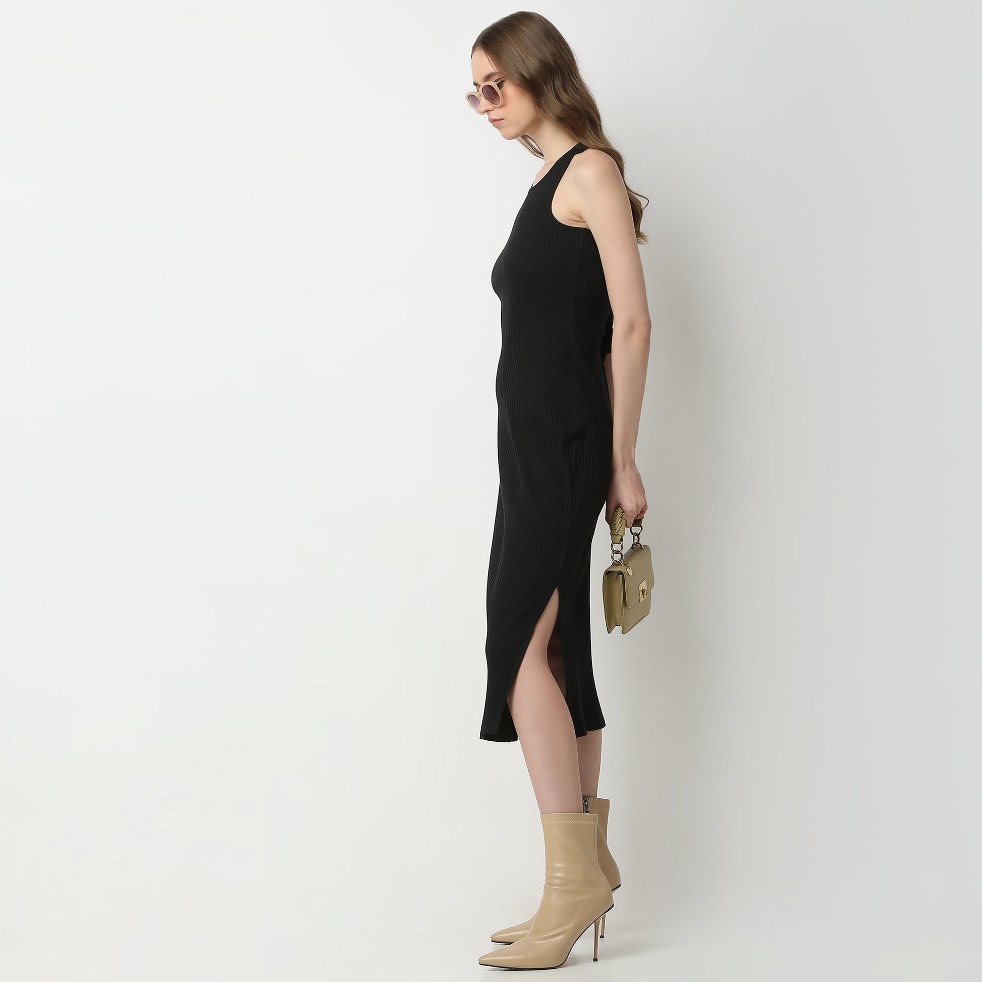 Slim Fit Solid Round Neck Dress