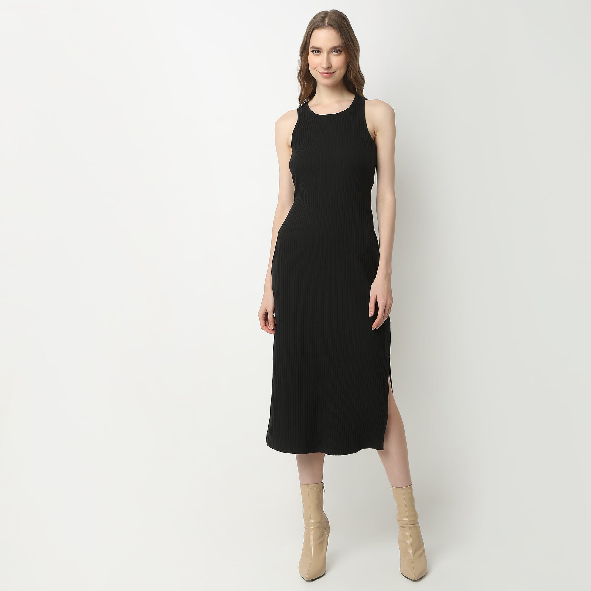 Slim Fit Solid Round Neck Dress