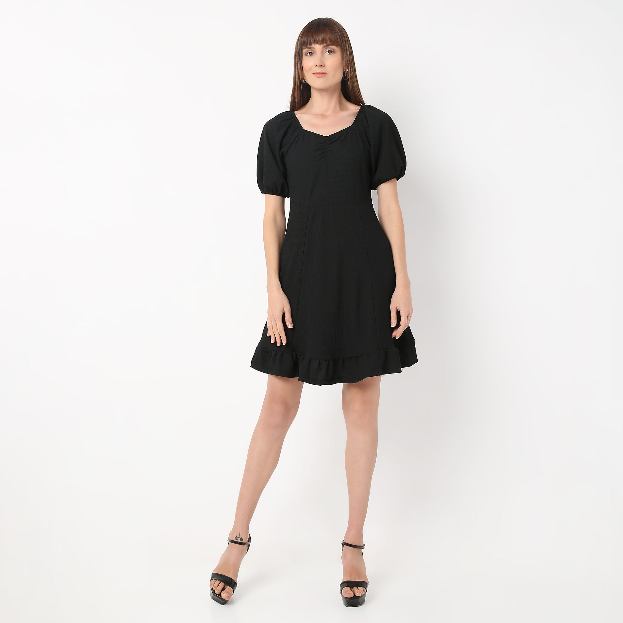 Flare Fit Solid Sweetheart Neck Dress