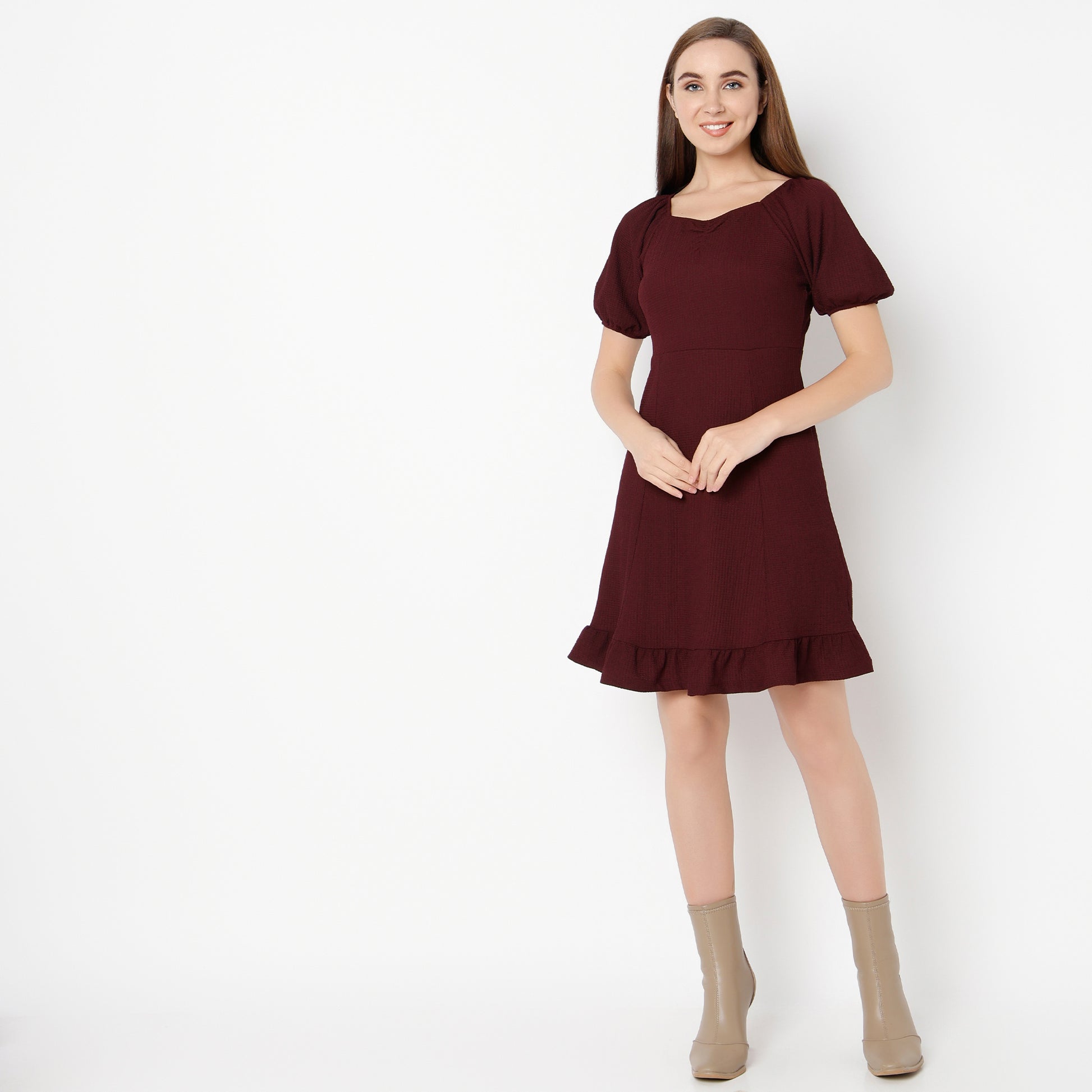 Flare Fit Solid Sweetheart Neck Dress