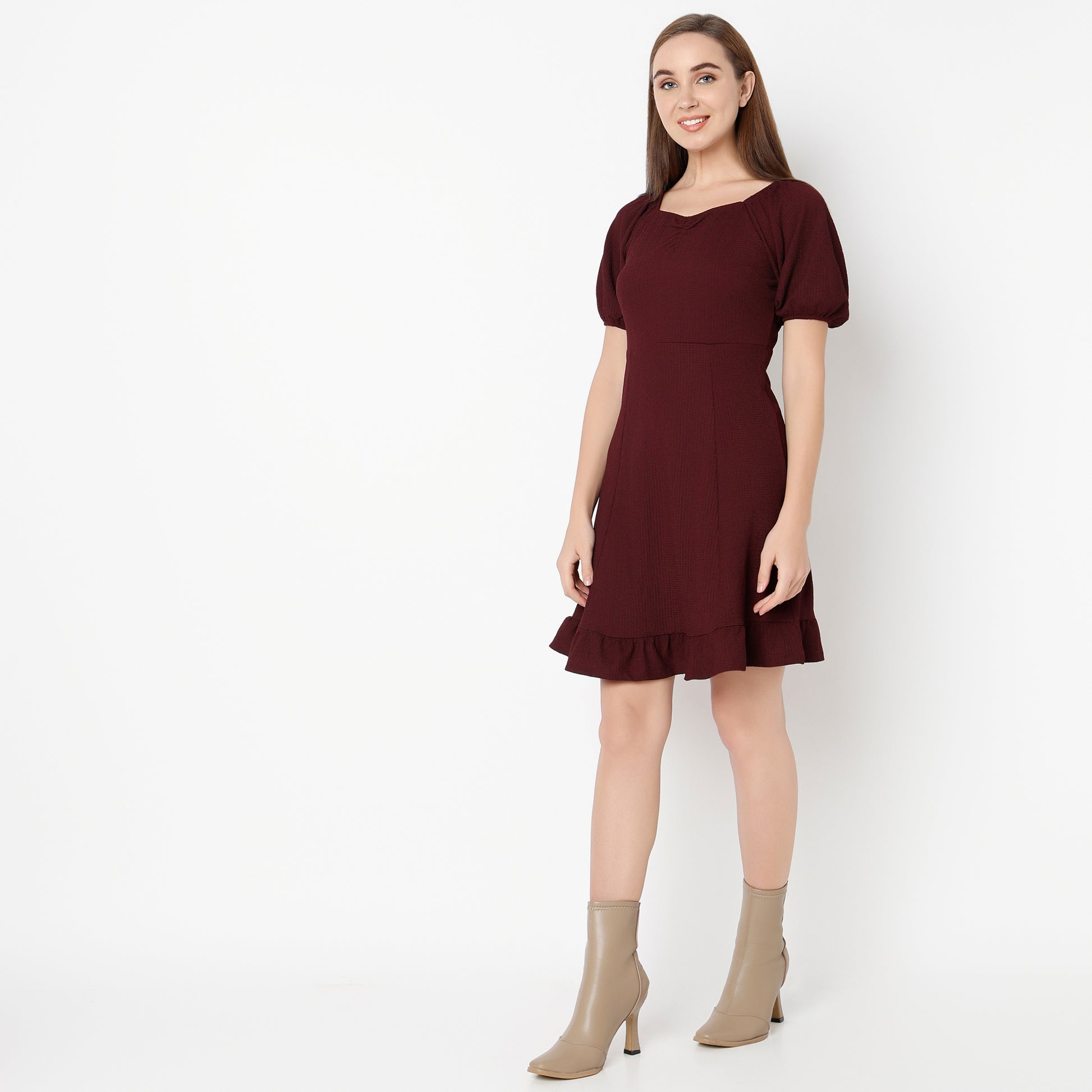 Flare Fit Solid Sweetheart Neck Dress