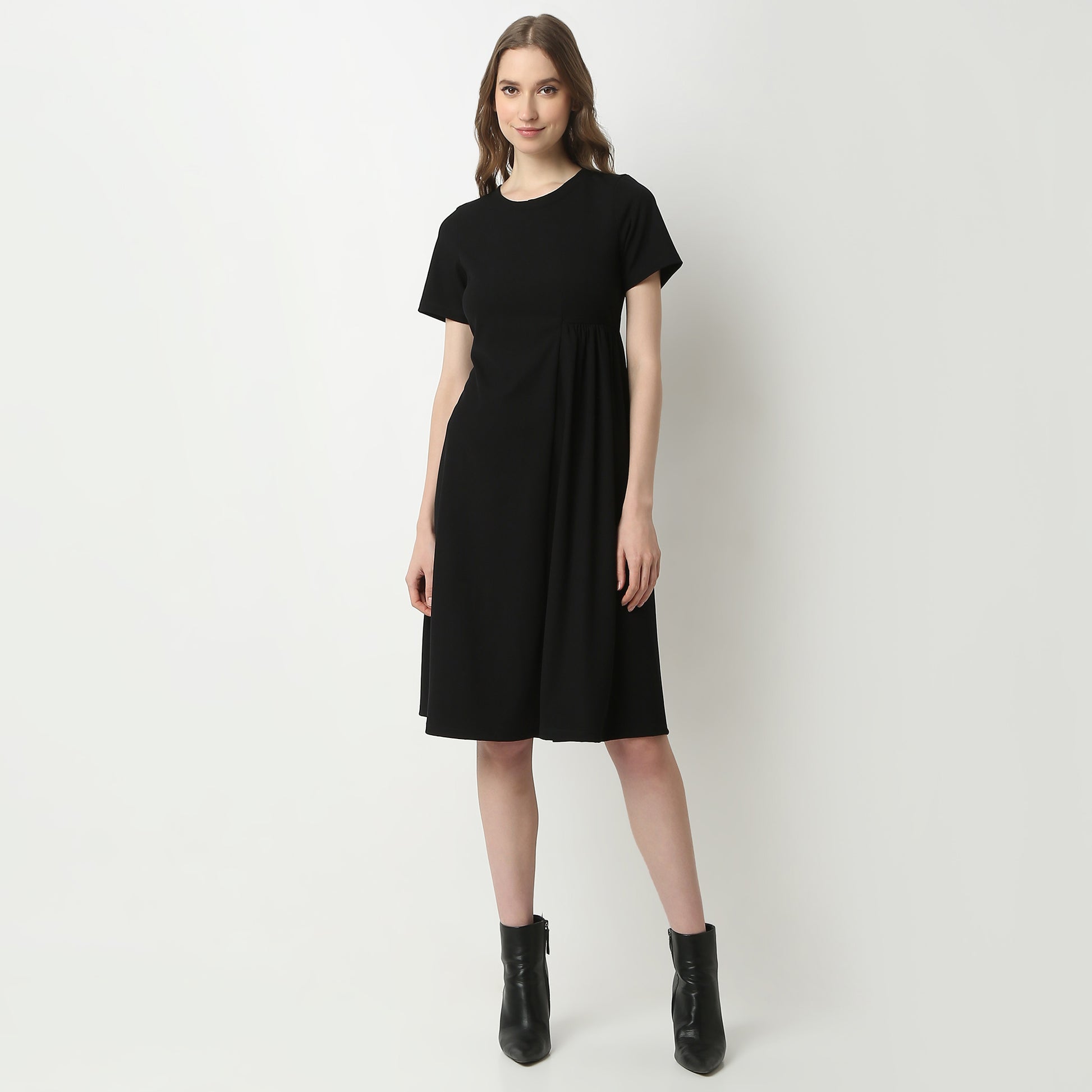 Flare Fit Solid Round Neck Dress