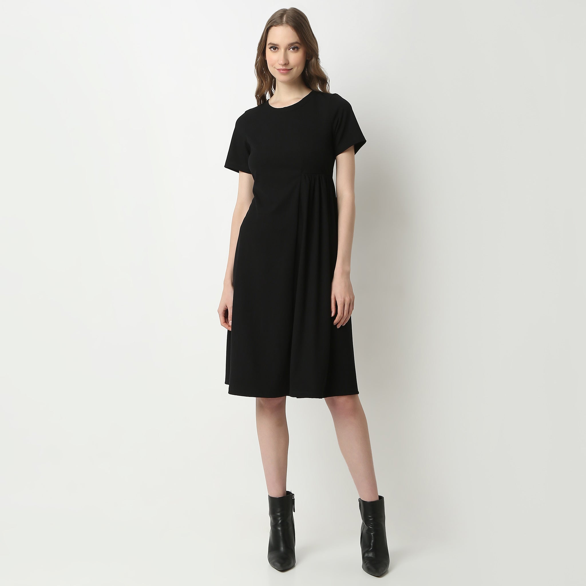 Flare Fit Solid Round Neck Dress