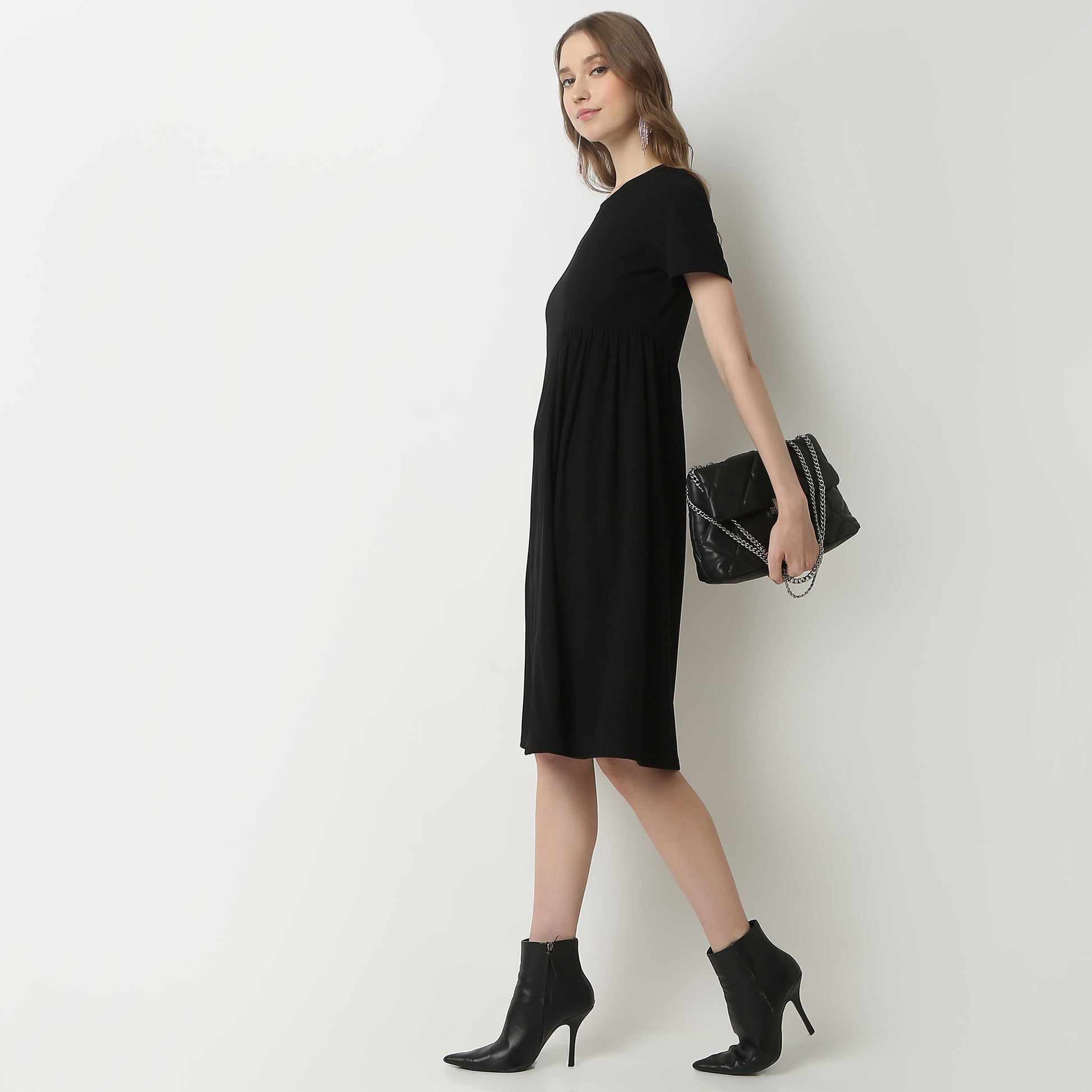 Flare Fit Solid Round Neck Dress