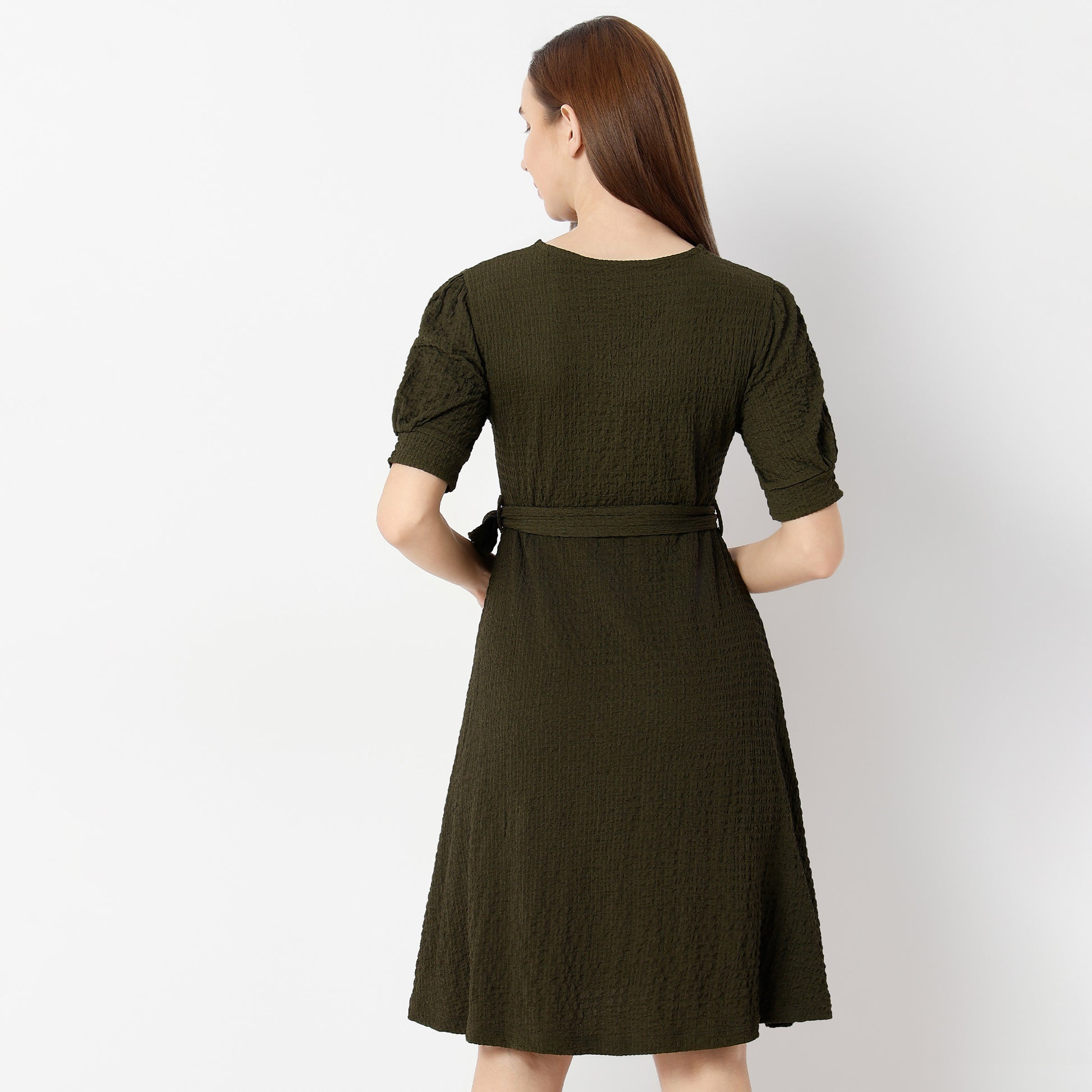 Betty V-Neck Short Dress with Belt Detail At Waist