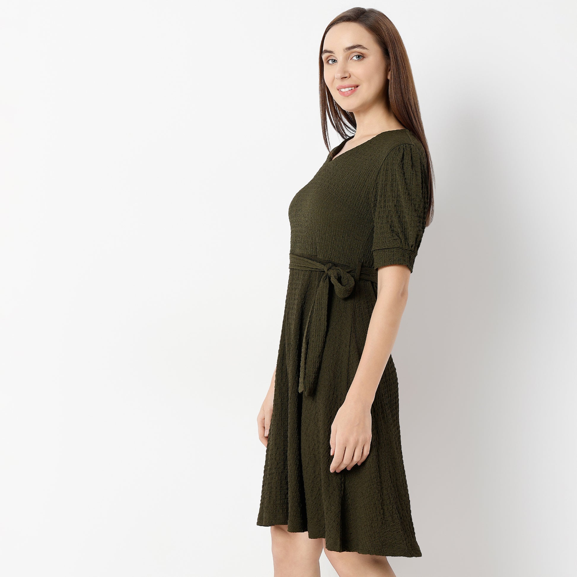 Betty V-Neck Short Dress with Belt Detail At Waist