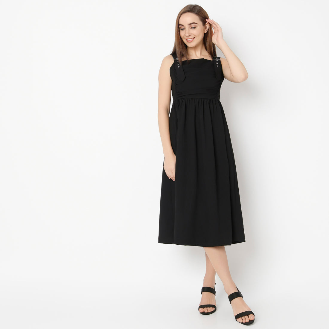 Flare Fit Solid Square Neck Dress