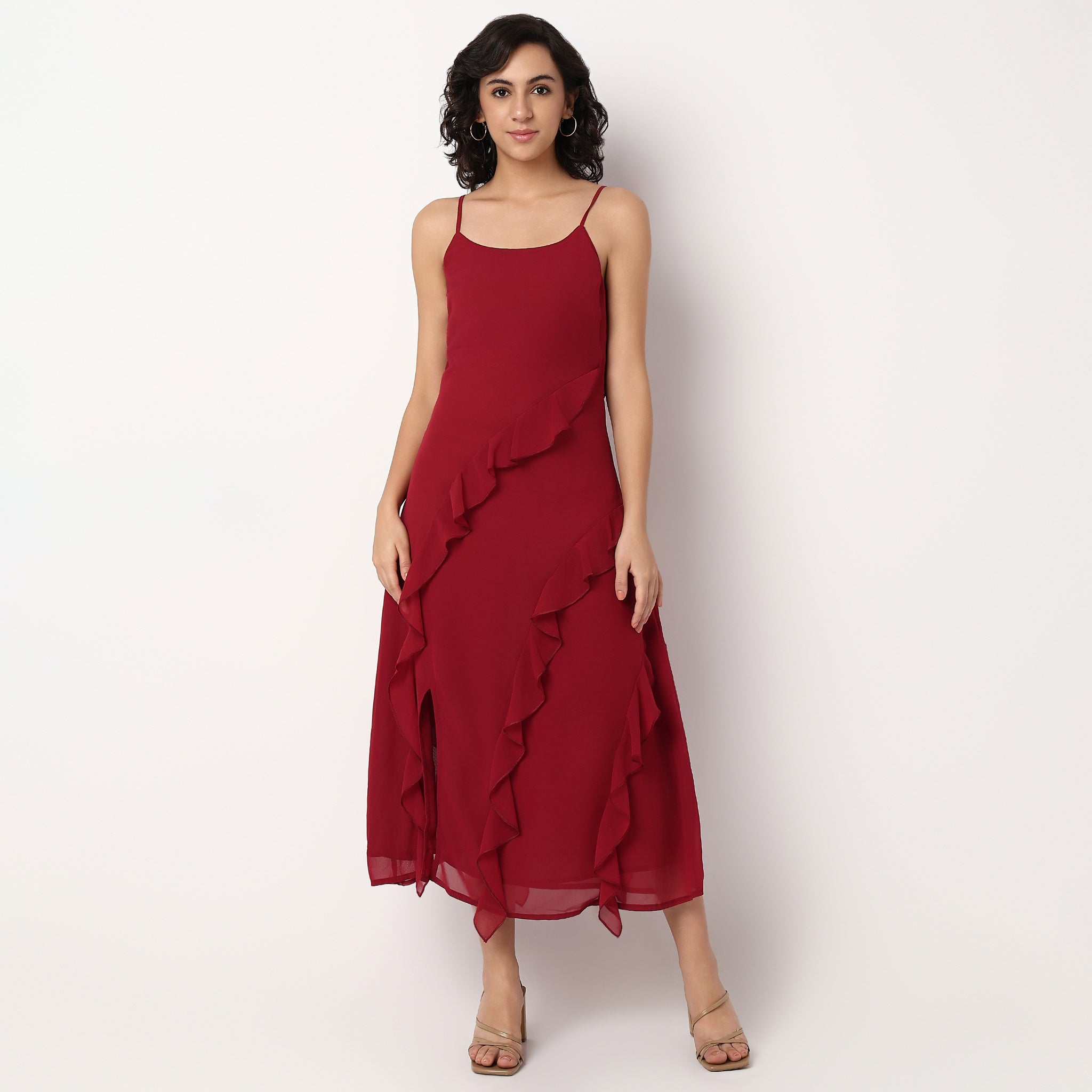 Scoop Neck Flared Strapy Dress With Ruffle Detail