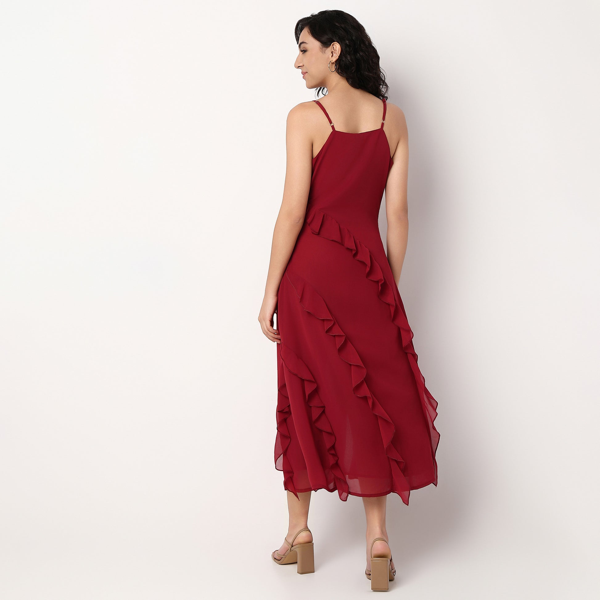 Scoop Neck Flared Strapy Dress With Ruffle Detail