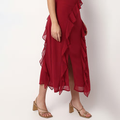 Scoop Neck Flared Strapy Dress With Ruffle Detail