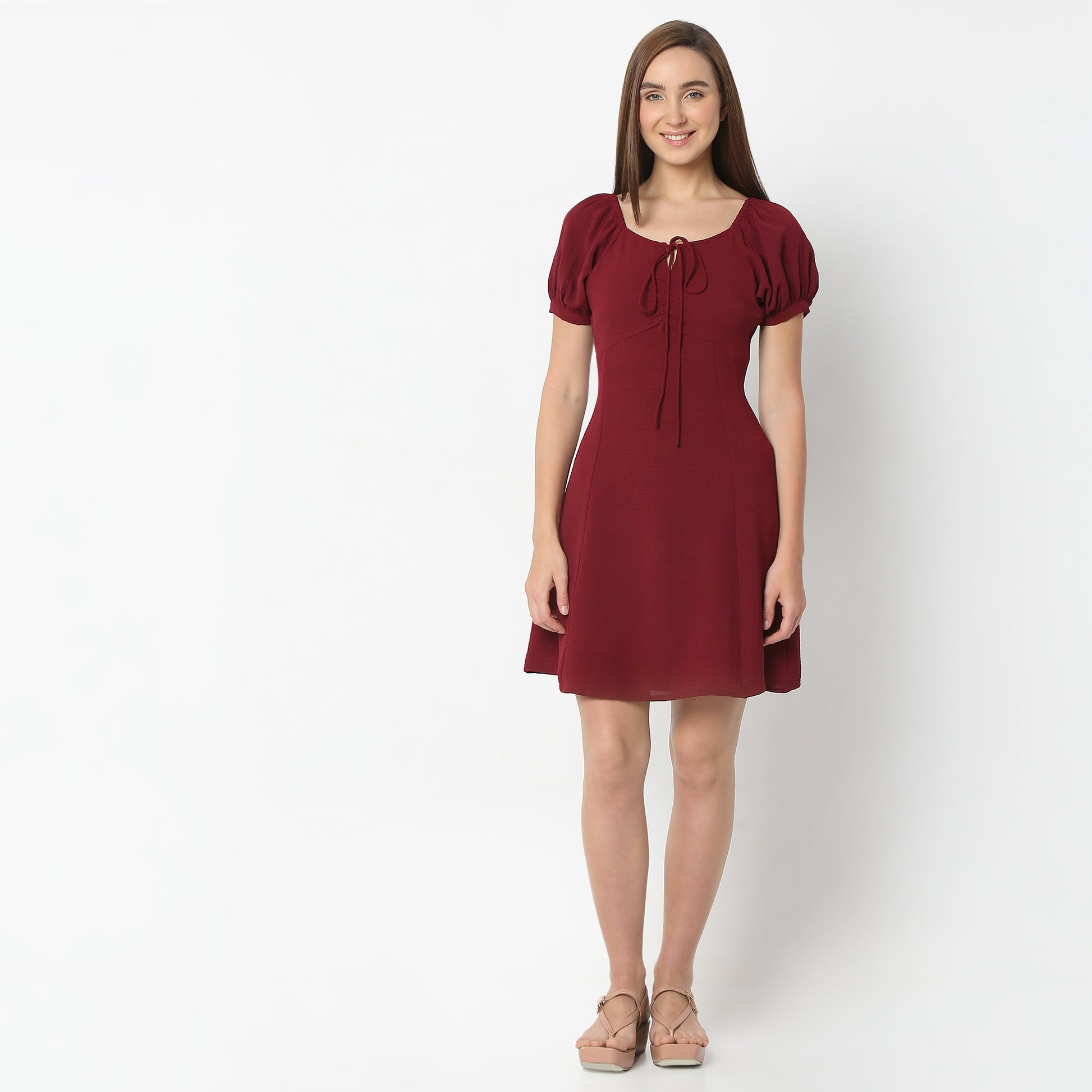 Regular Fit Solid Square Neck Above Knee Dress