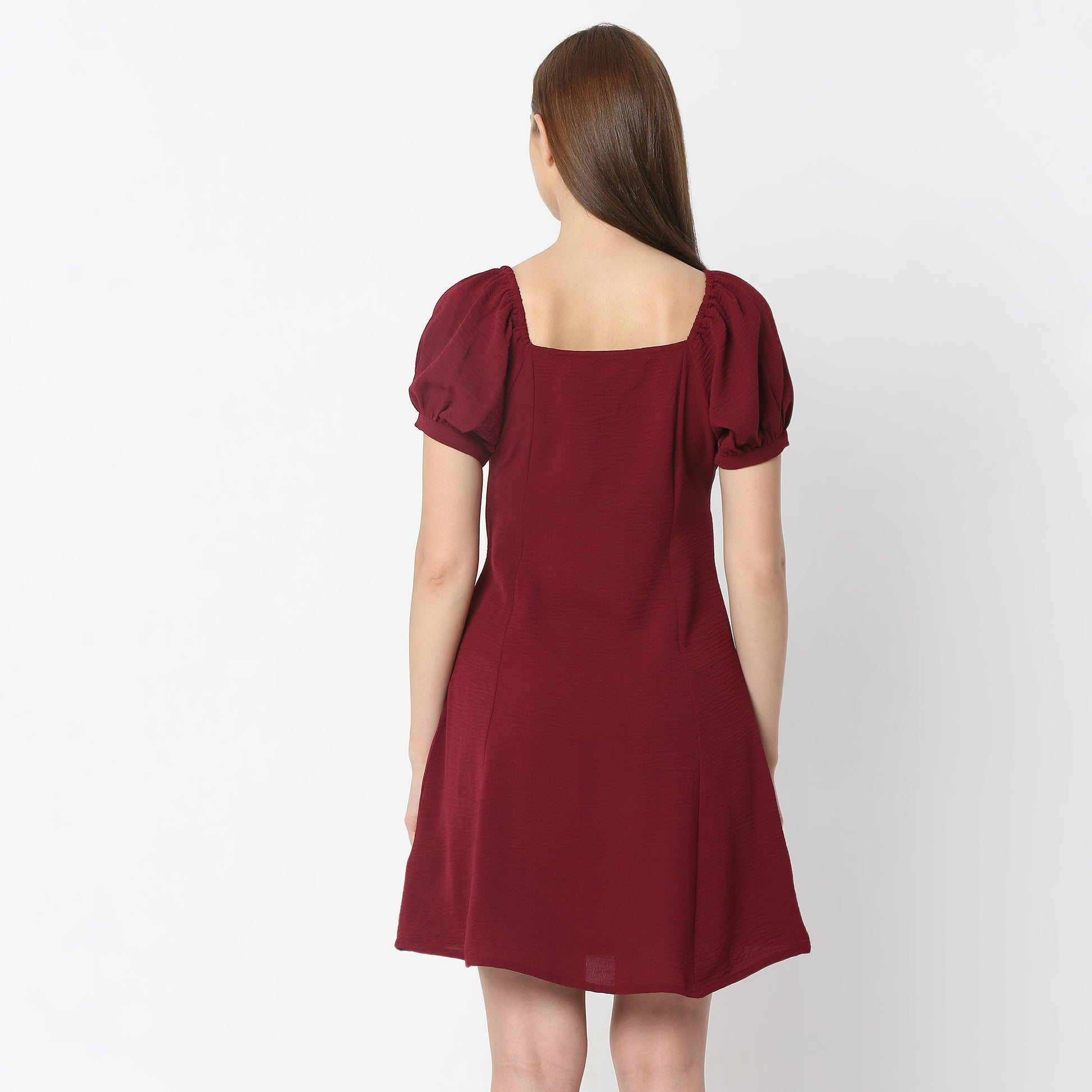 Regular Fit Solid Square Neck Above Knee Dress