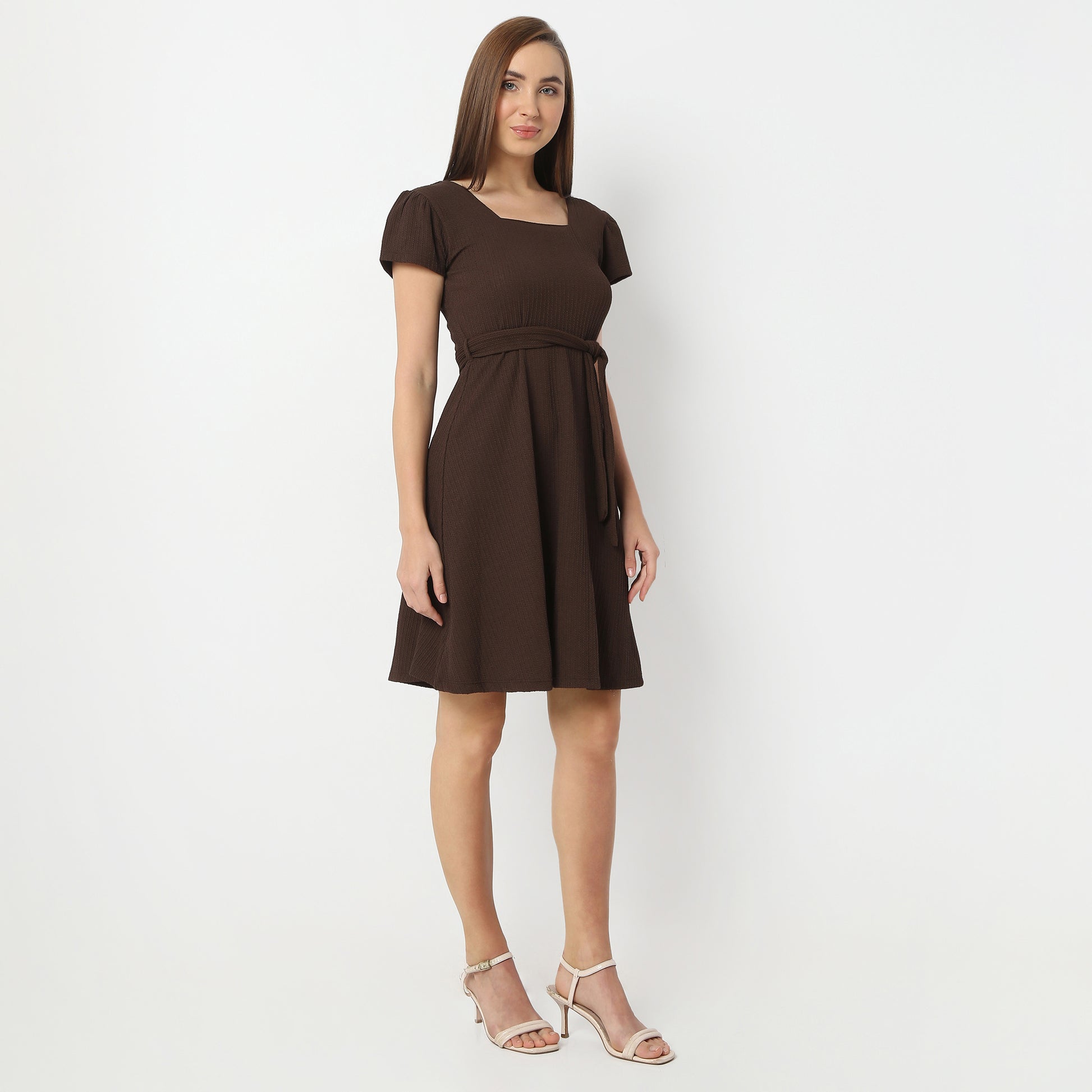 Flare Fit Solid Square Neck Above Knee Dress