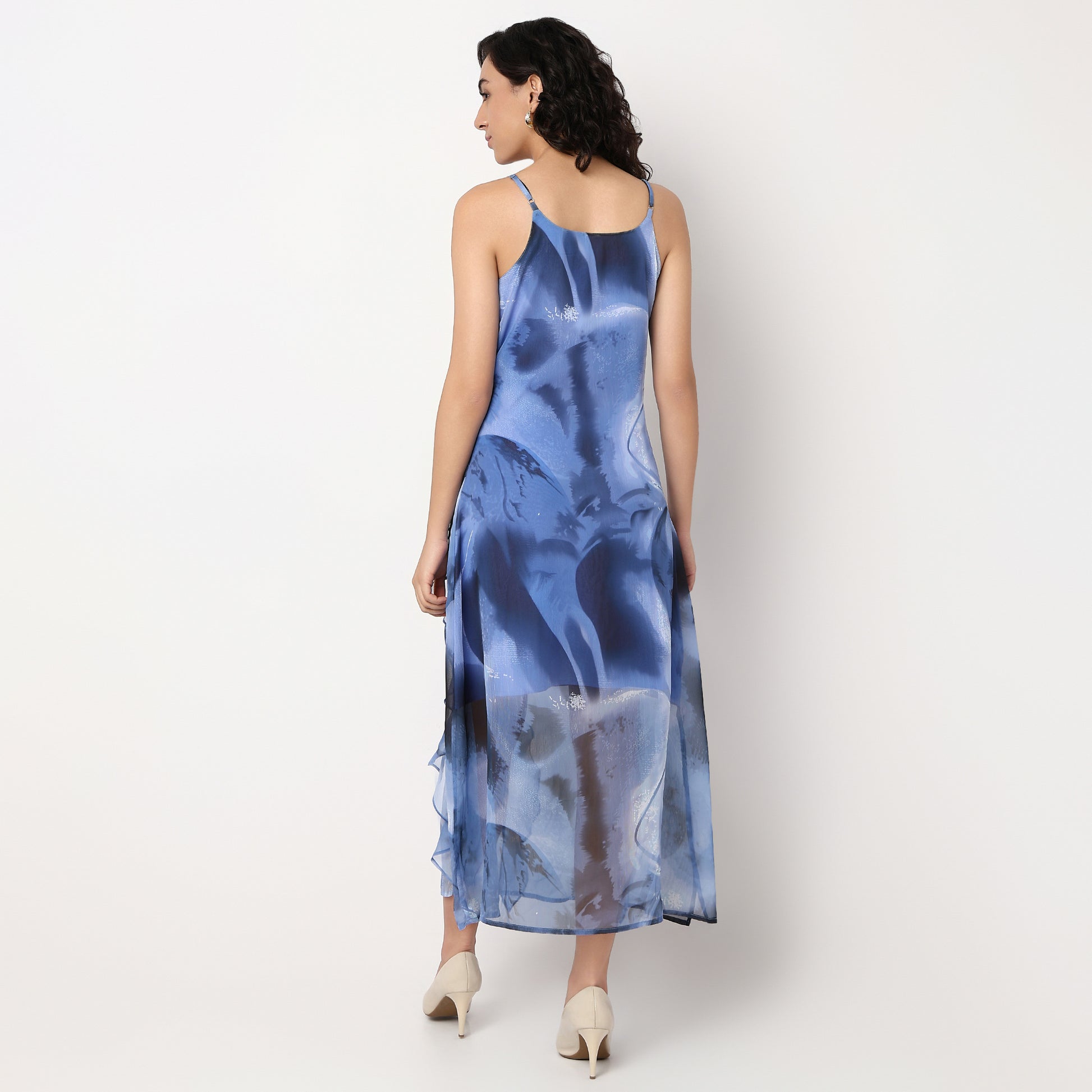Abstract Print Flared A-Line Ruffle Detail Maxi Dress