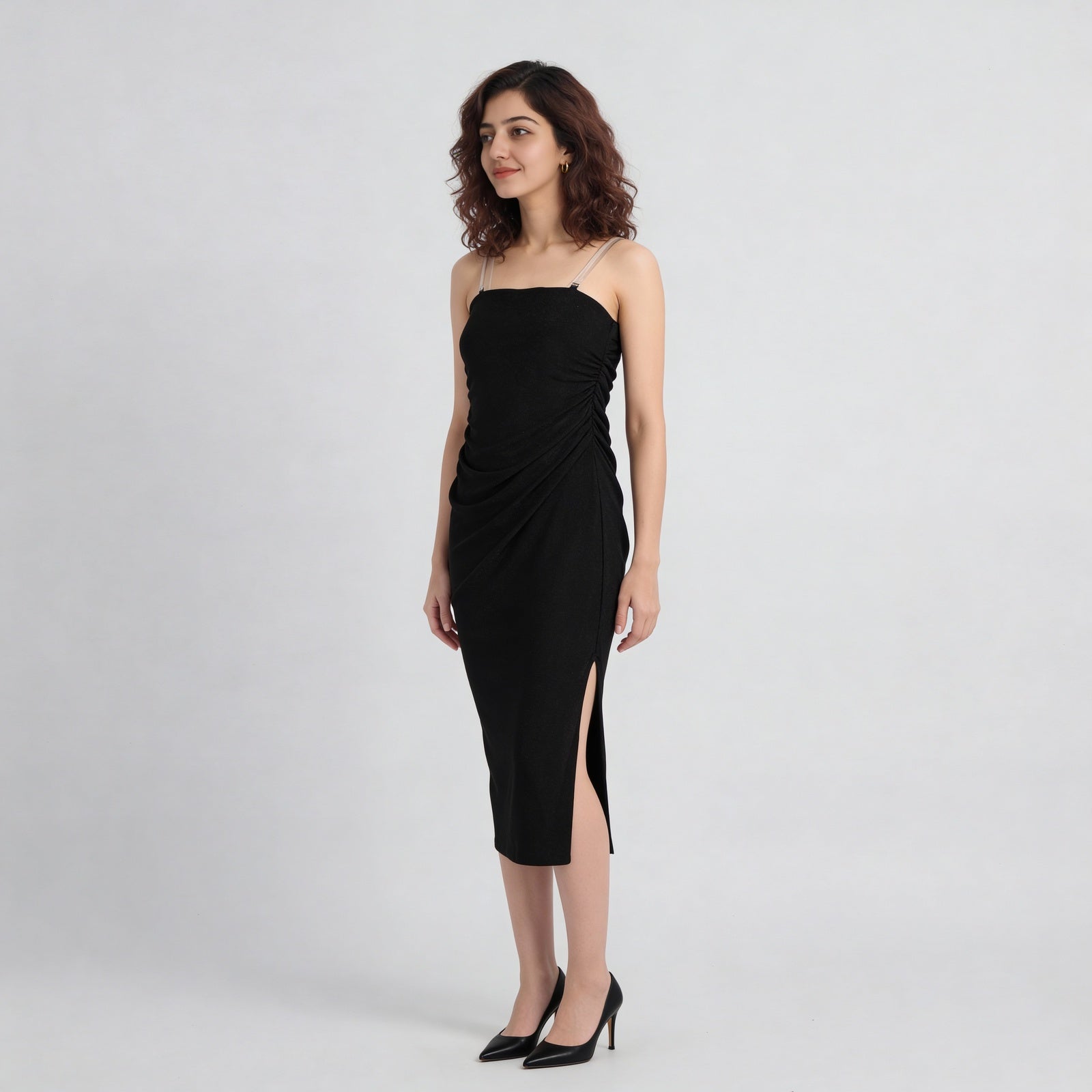 Square Neck Ruched Tube Dress With Detachable Straps