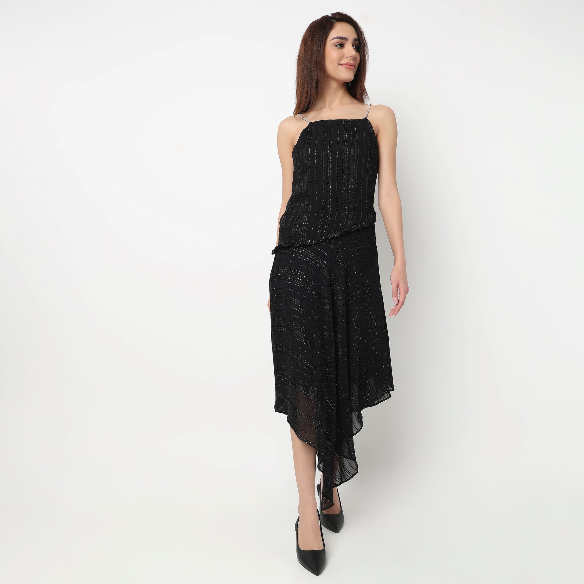 Silver Striped Dress With Rhinestone Strap