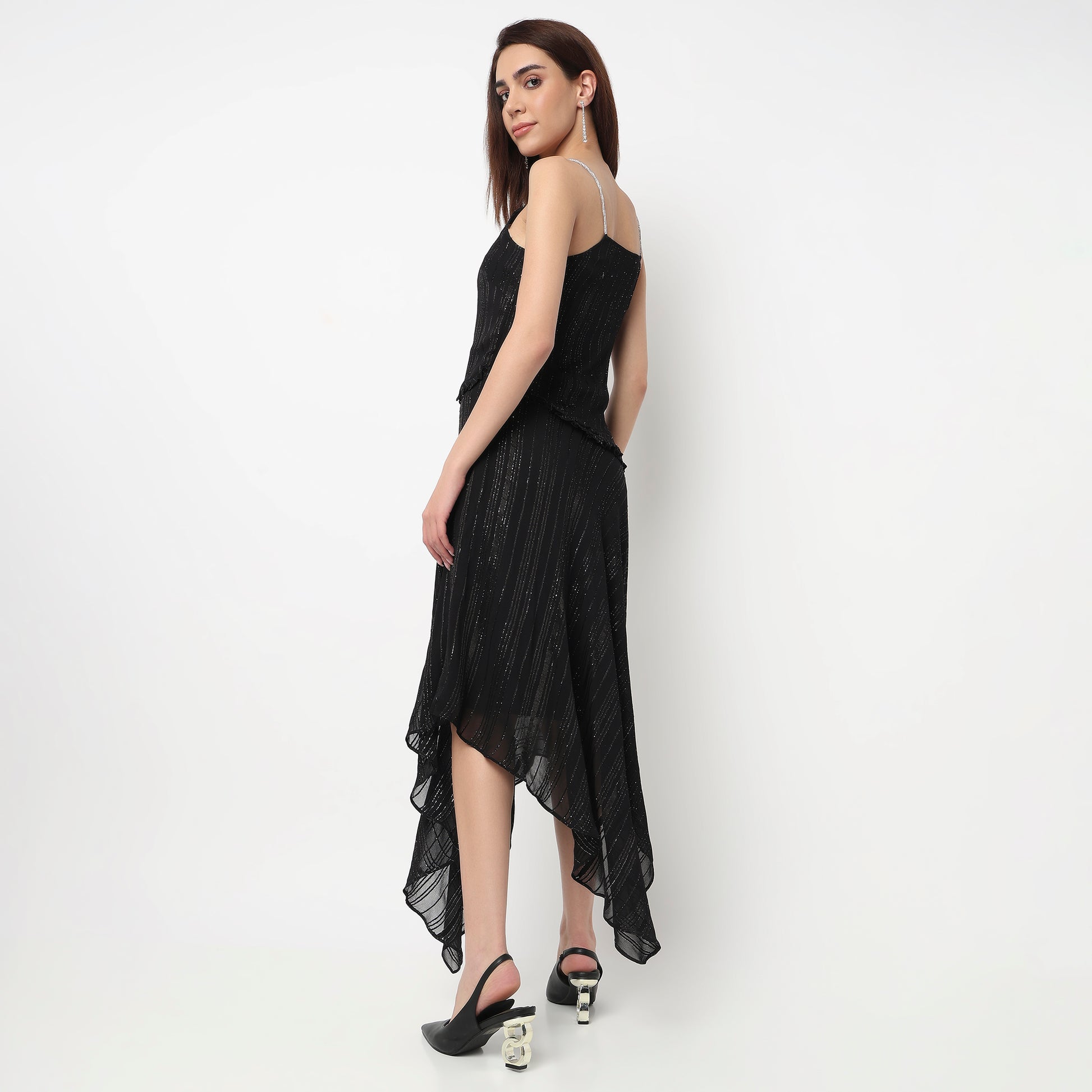 Silver Striped Dress With Rhinestone Strap