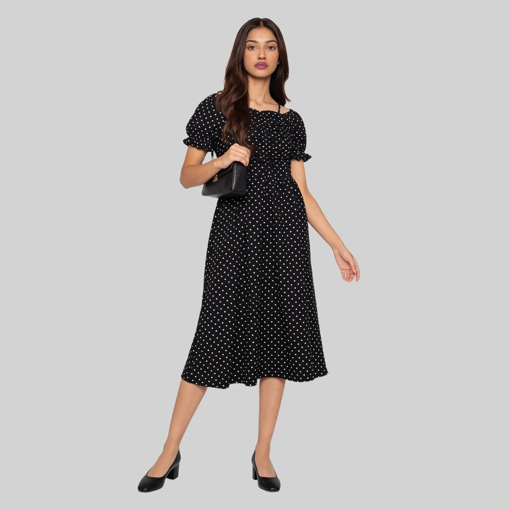 Floral Off Shoulder Dress With Polka Print Detail