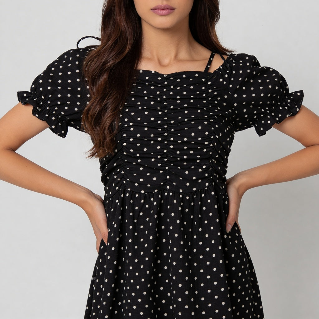Floral Off Shoulder Dress With Polka Print Detail