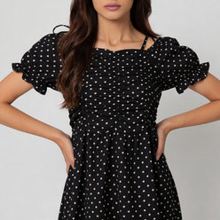 Floral Off Shoulder Dress With Polka Print Detail